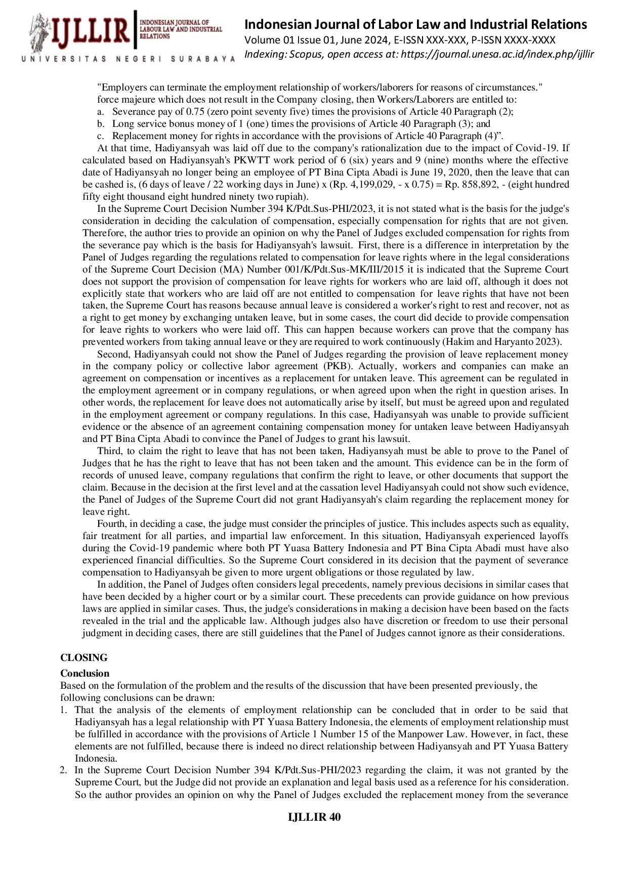 JURIS Unclear Status of Employment Agreement in Termination of Employment Legal Analysis of Supreme Court Decision Number 394 K Pdt Sus PHI 2023 Which Does Not Grant Replacement Money for Rights