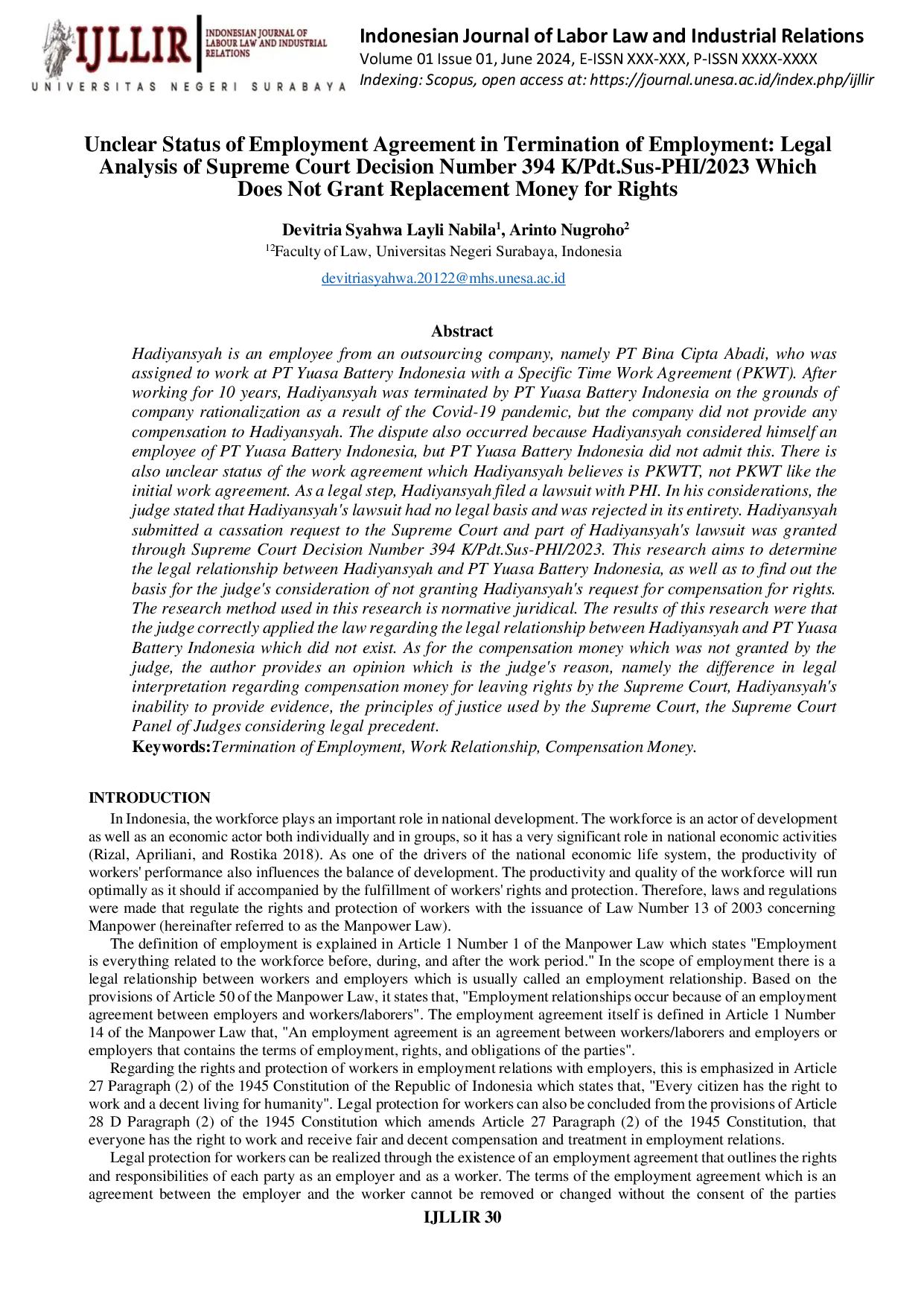 JURIS Unclear Status of Employment Agreement in Termination of Employment Legal Analysis of Supreme Court Decision Number 394 K Pdt Sus PHI 2023 Which Does Not Grant Replacement Money for Rights