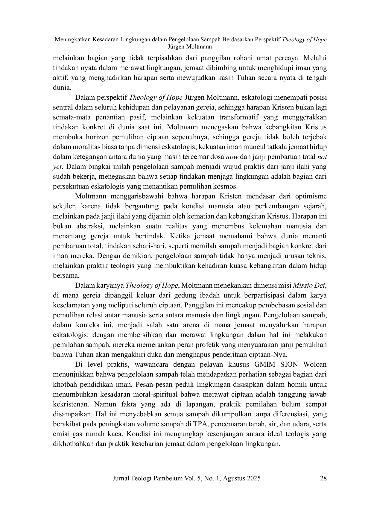 JURIS Enhancing Environmental Awareness in Waste Management Based on the Perspective of J rgen Moltmann s Theology of Hope
