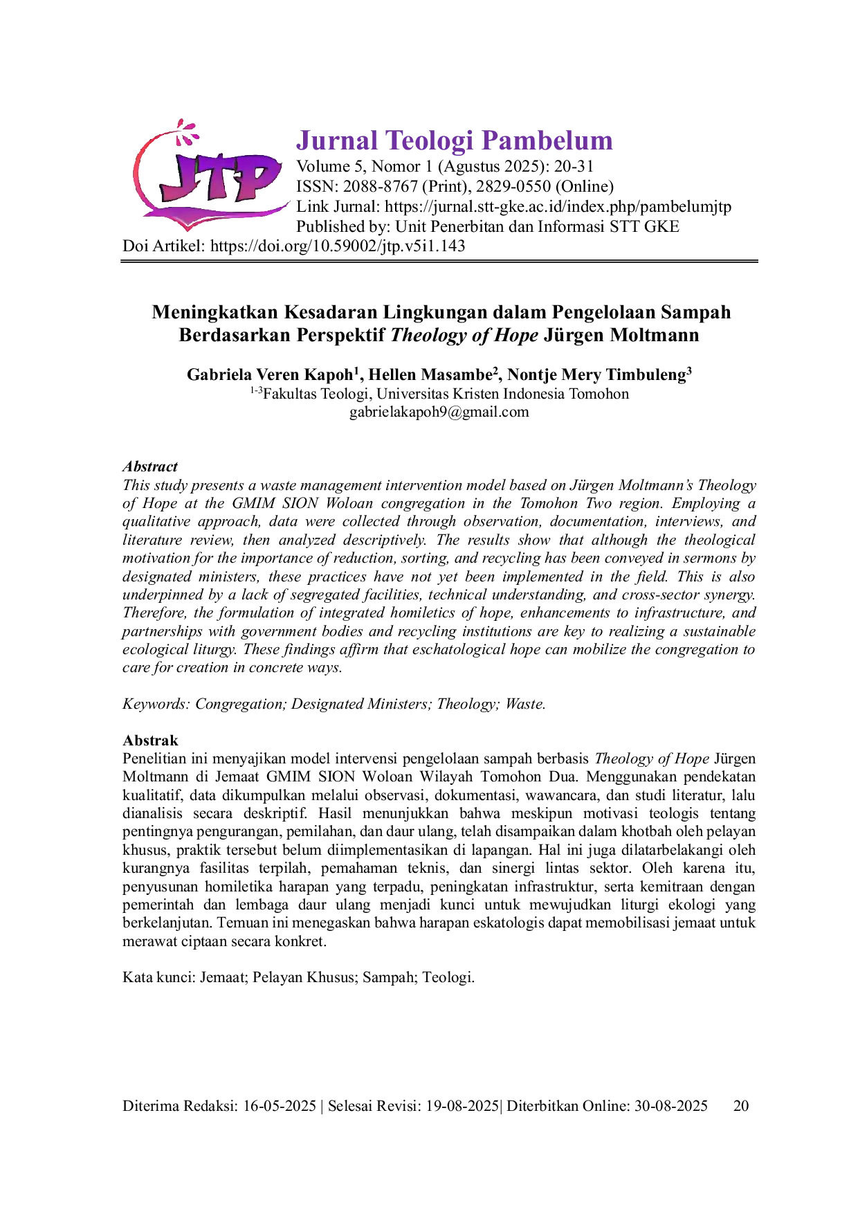 JURIS Enhancing Environmental Awareness in Waste Management Based on the Perspective of J rgen Moltmann s Theology of Hope