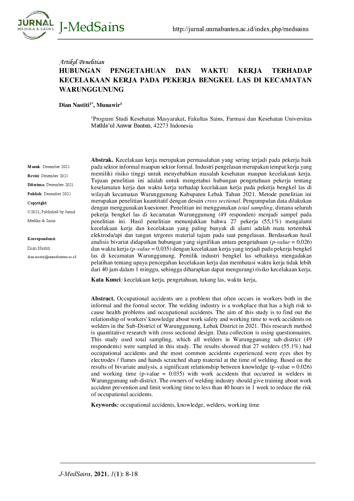 juris Hubungan Pengetahuan Dan Waktu Kerja Terhadap Kecelakaan Kerja Pada Pekerja Bengkel Las Di Kecamatan Warunggunung