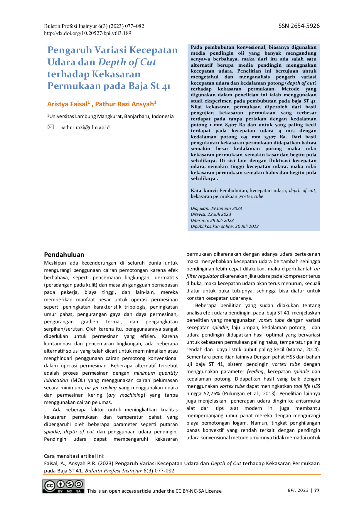 JURIS Pengaruh Variasi Kecepatan Udara dan Depth of Cut terhadap Kekasaran Permukaan pada Baja St 41