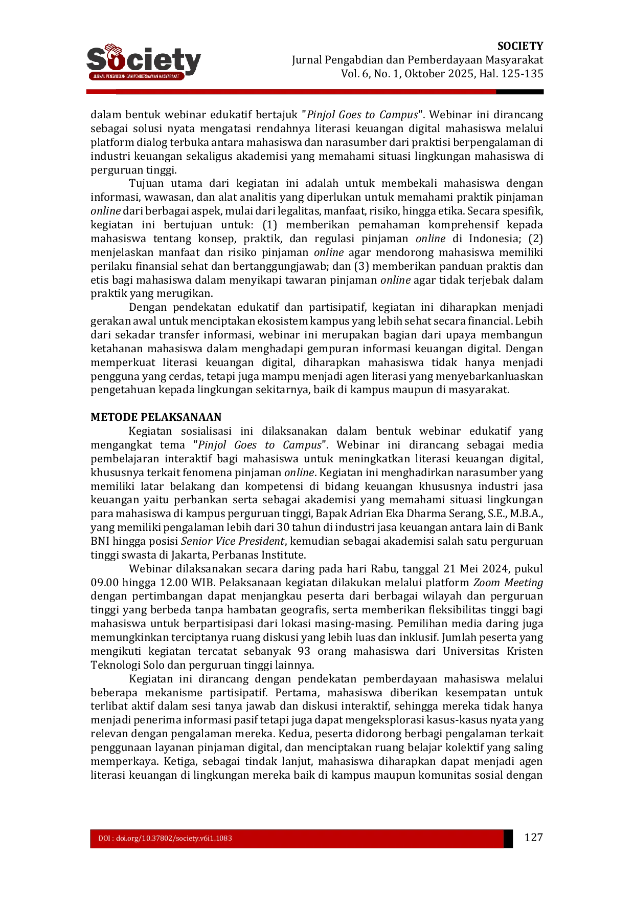 JURIS Sosialisasi Literasi Keuangan Digital Melalui Webinar untuk Meningkatkan Pemahaman Mahasiswa Terhadap Pinjaman Online