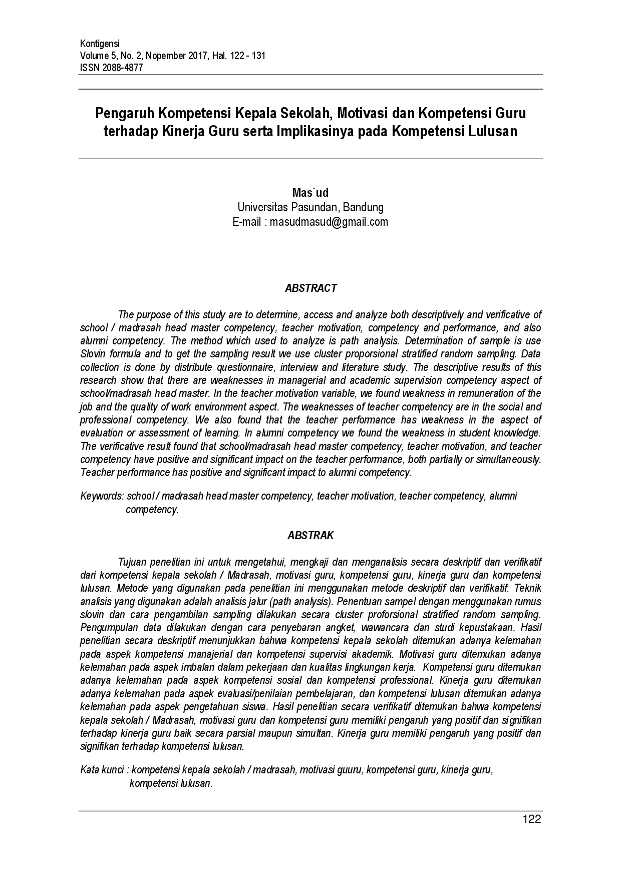 juris Pengaruh Kompetensi Kepala Sekolah Motivasi dan Kompetensi Guru terhadap Kinerja Guru serta Implikasinya pada Kompetensi Lulusan