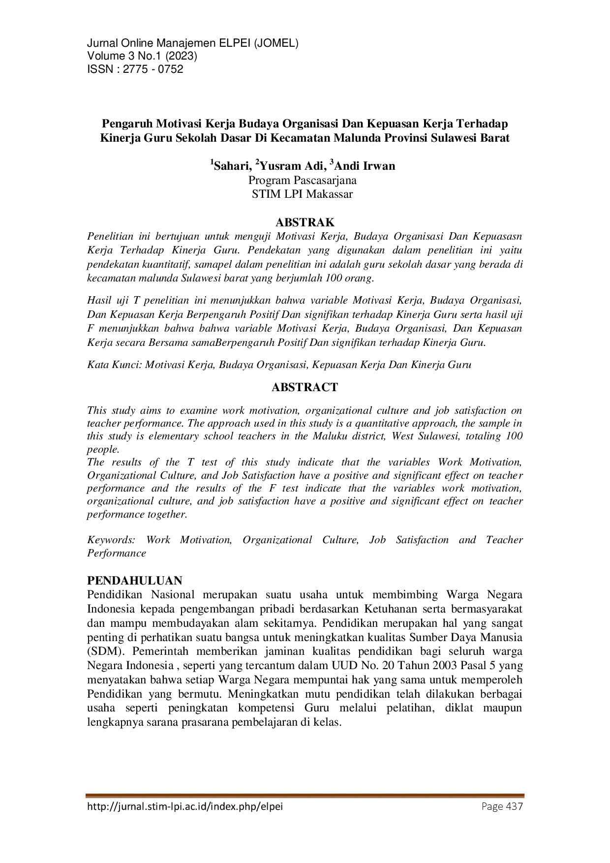 juris Pengaruh Motivasi Kerja Budaya Organisasi dan Kepuasan Kerja terhadap Kinerja Guru Sekolah Dasar di Kecamatan Malunda Provinsi Sulawesi Barat