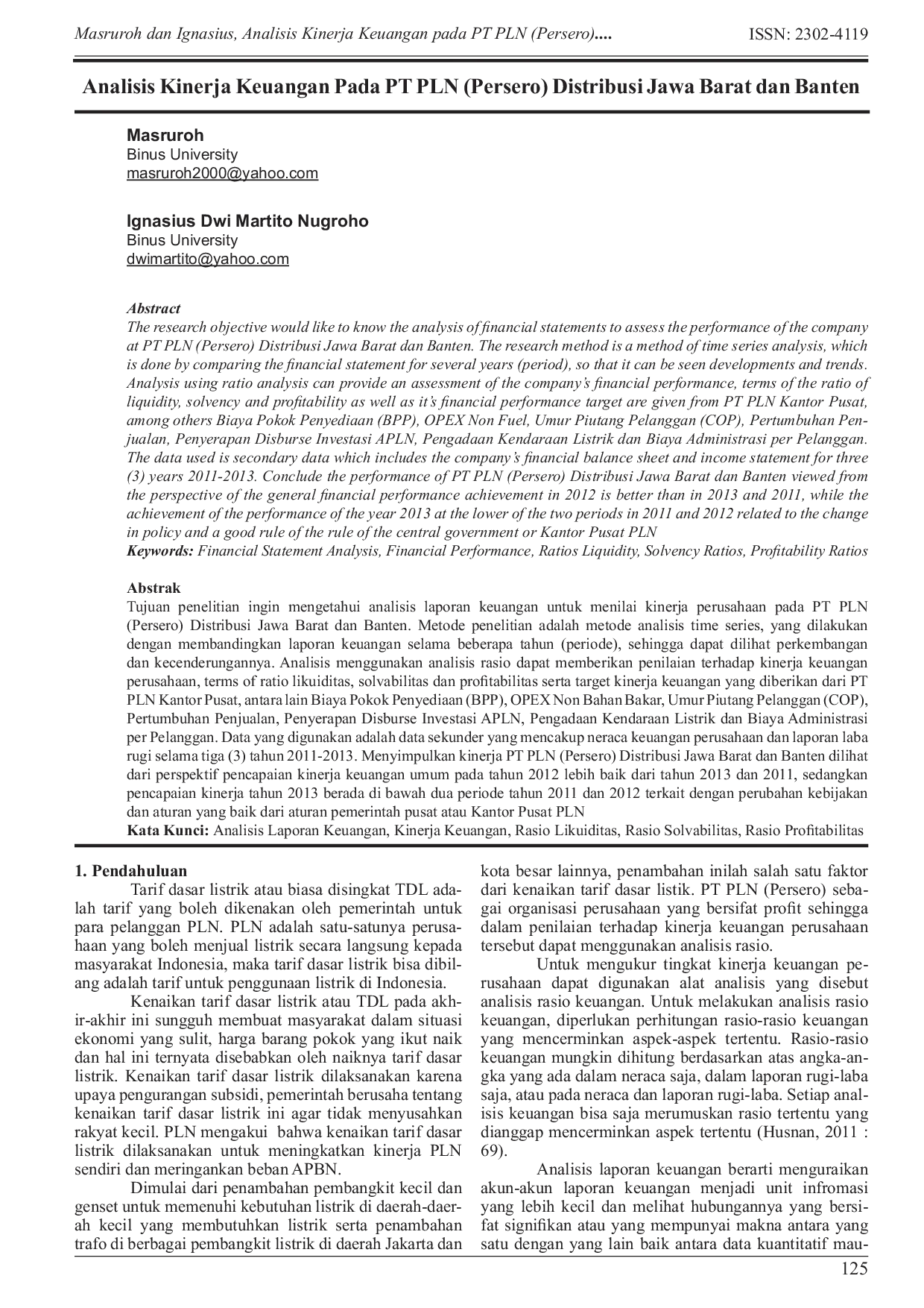 JURIS Analisis Kinerja Keuangan Pada PT PLN Persero Distribusi Jawa Barat dan Banten