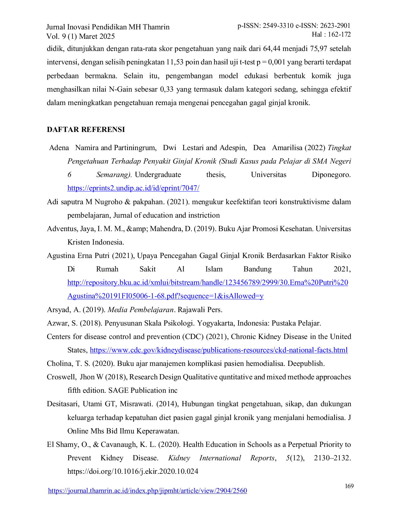 JURIS Development of an Educational Model for the Prevention of Chronic Kidney Failure in Adolescents in the Form of Comics at Muhammadiyah Middle School East Jakarta