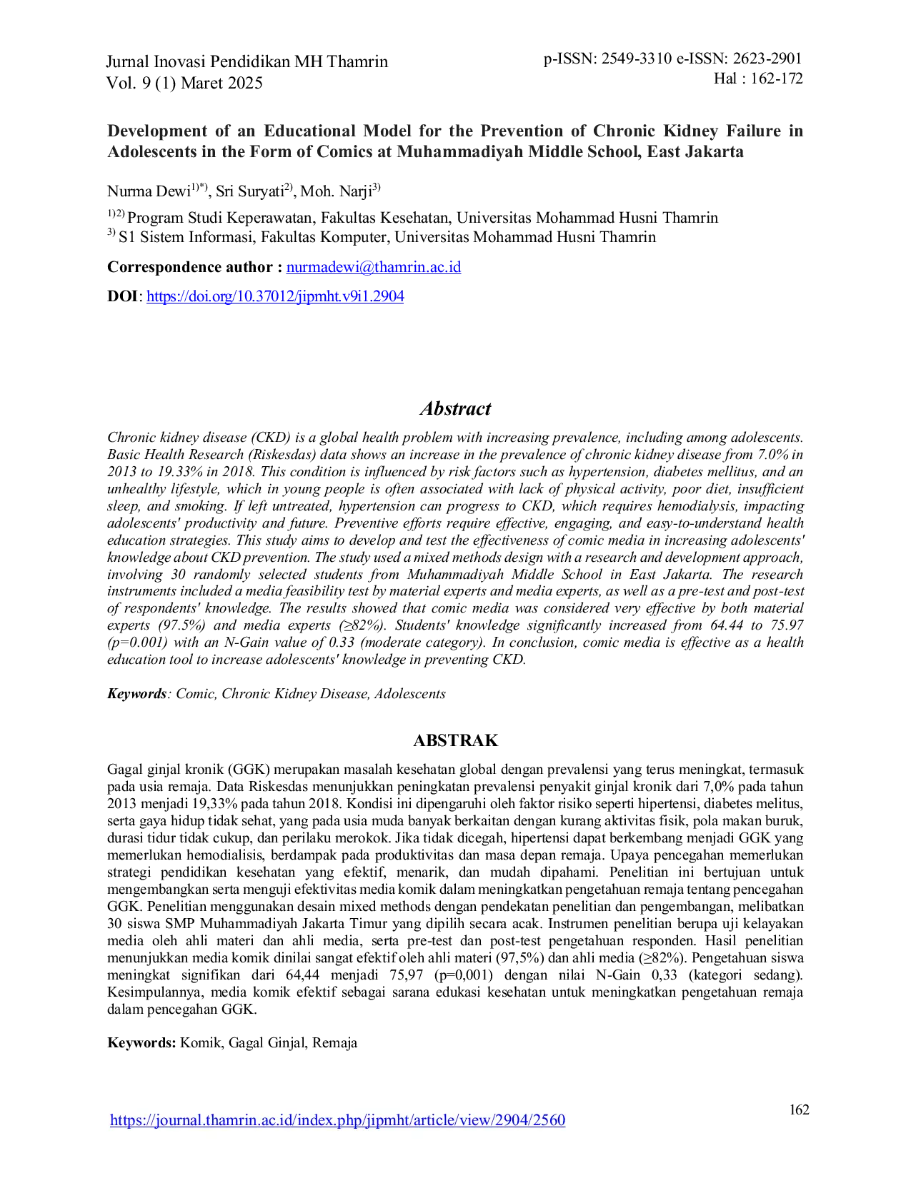 JURIS Development of an Educational Model for the Prevention of Chronic Kidney Failure in Adolescents in the Form of Comics at Muhammadiyah Middle School East Jakarta