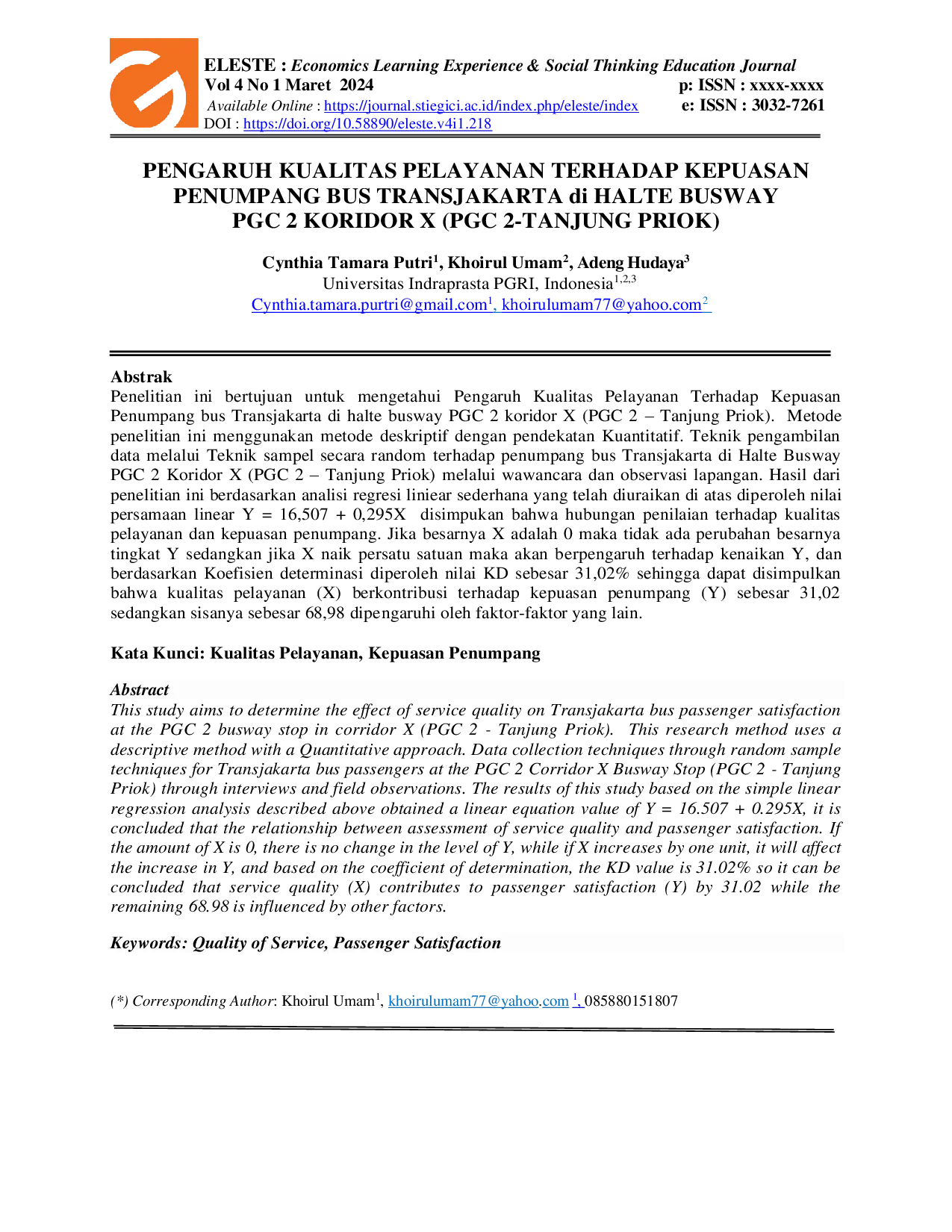 JURIS PENGARUH KUALITAS PELAYANAN TERHADAP KEPUASAN PENUMPANG BUS TRANSJAKARTA di HALTE BUSWAY PGC 2 KORIDOR X PGC 2 TANJUNG PRIOK