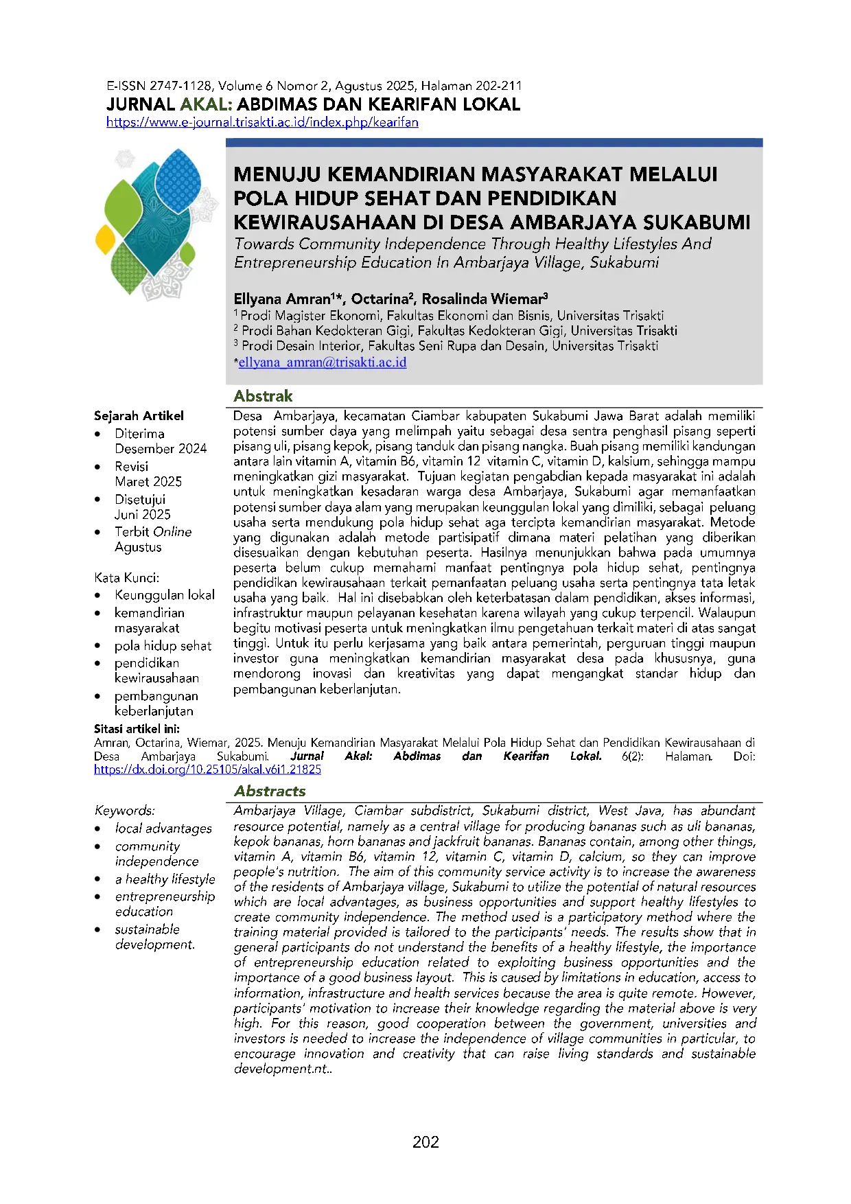 JURIS Menuju Kemandirian Masyarakat Melalui Pola Hidup Sehat dan Pendidikan Kewirausahaan di Desa Ambarjaya Sukabumi