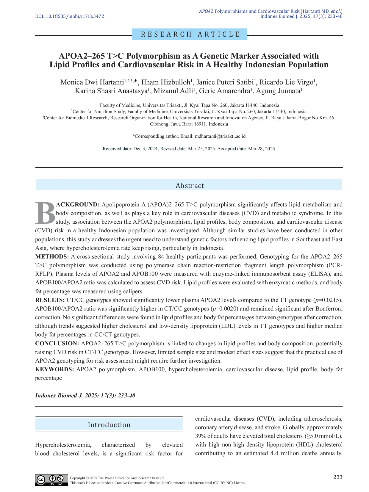 JURIS APOA2 265 T C Polymorphism as A Genetic Marker Associated with Lipid Profiles and Cardiovascular Risk in A Healthy Indonesian Population