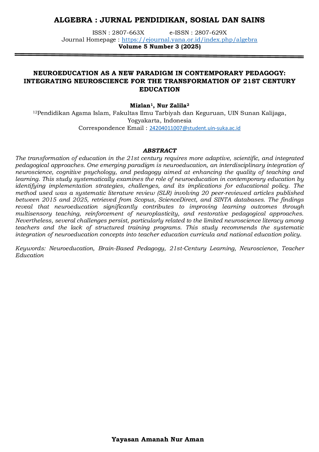 JURIS Neuroeducation as a New Paradigm in Contemporary Pedagogy Integrating Neuroscience for the Transformation of 21st Century Education