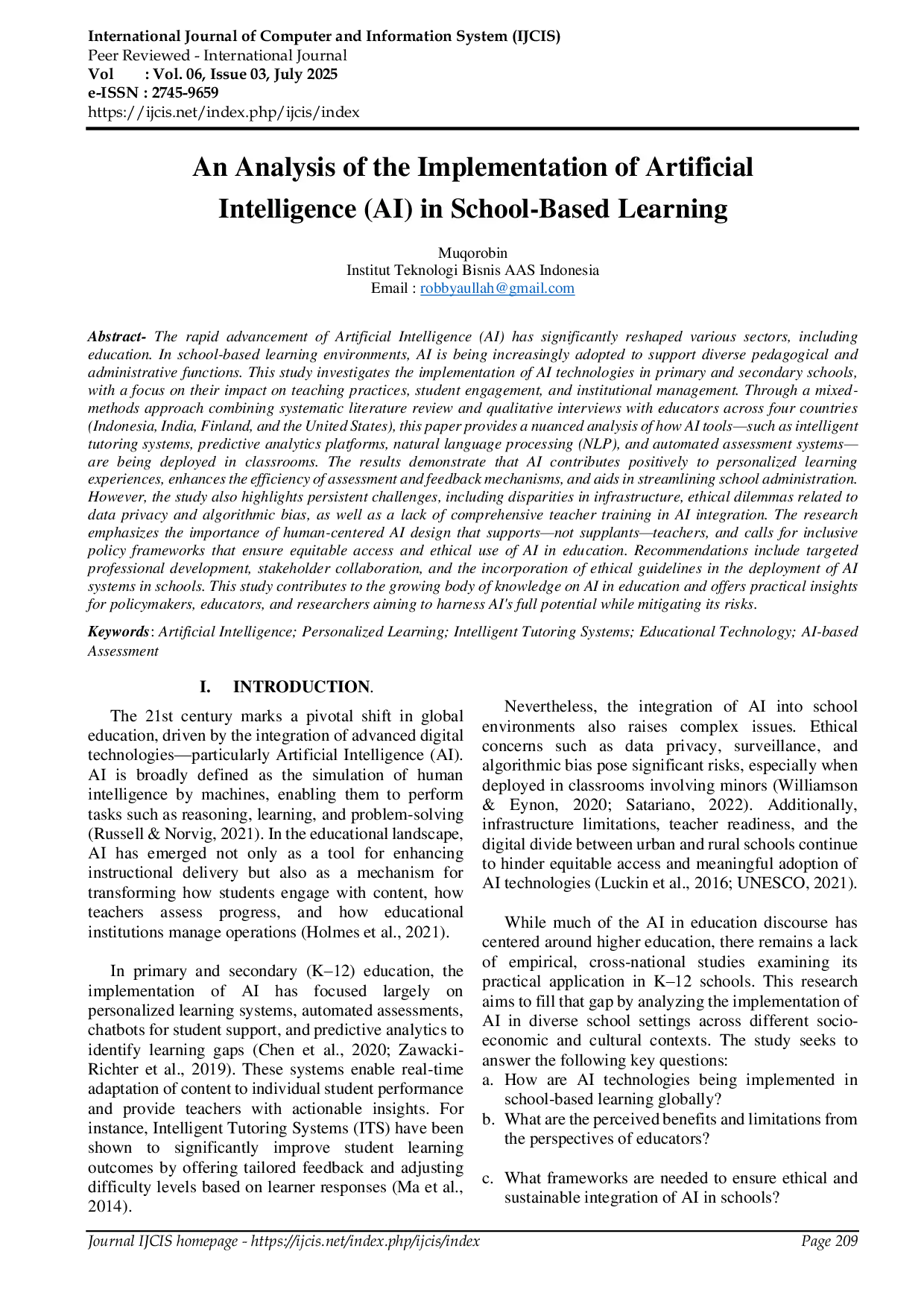 JURIS An Analysis of the Implementation of Artificial Intelligence AI in School Based Learning