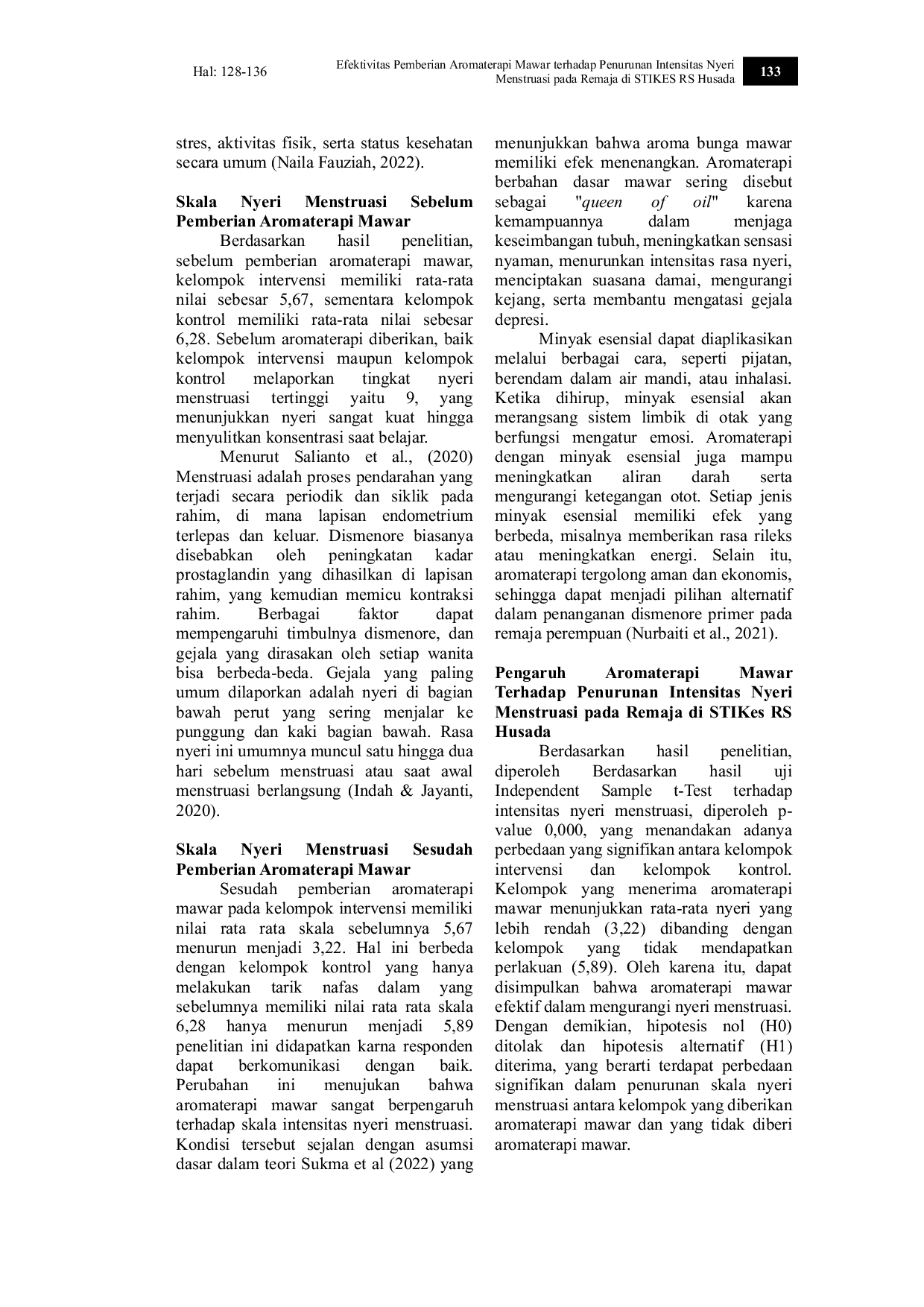 JURIS Efektivitas Pemberian Aromaterapi Mawar Terhadap Penurunan Intensitas Nyeri Menstruasi Pada Remaja Di STIKES RS Husada