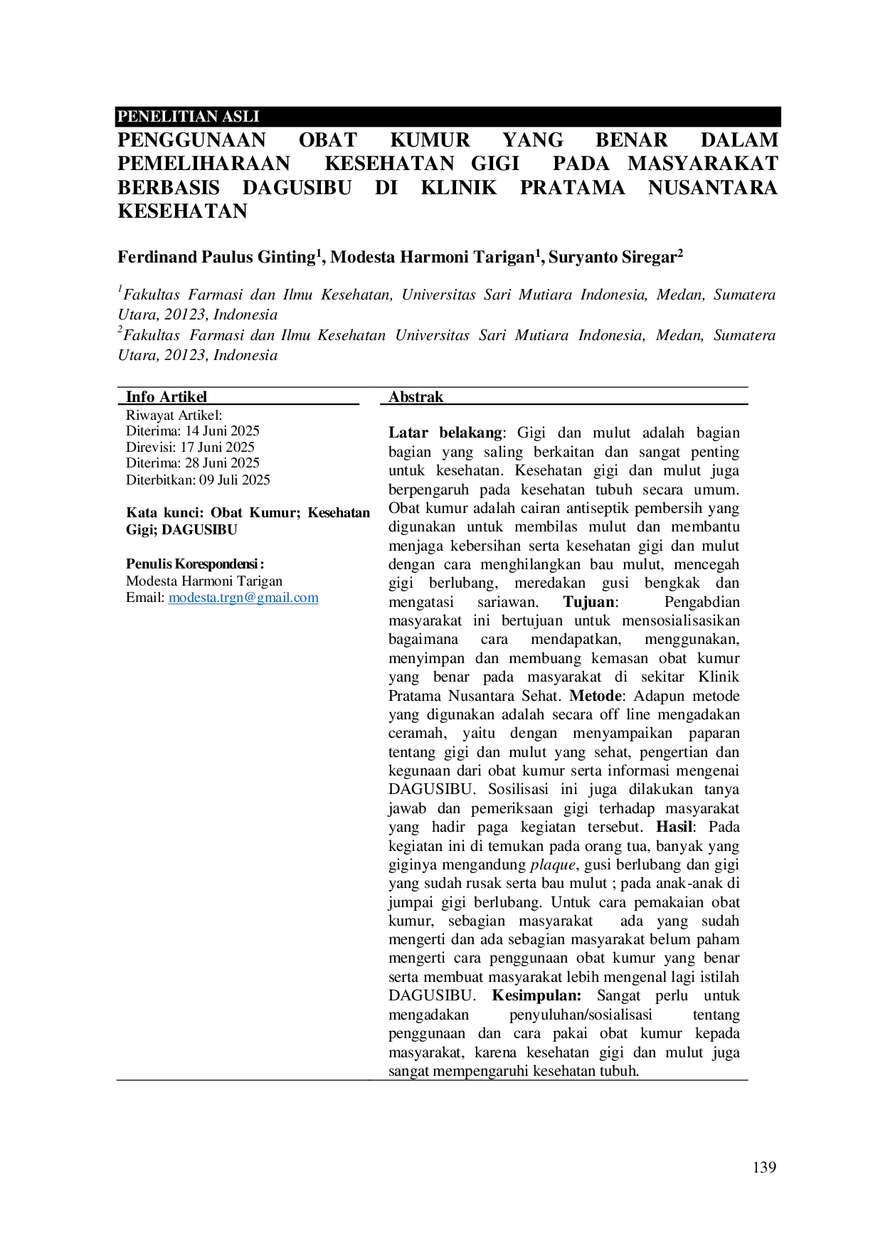 JURIS Penggunaan Obat Kumur Yang Benar Dalam Pemeliharaan Pada Masyarakat Berbasis DAGUSIBU Di Klinik Pratama Nusantara Kesehatan