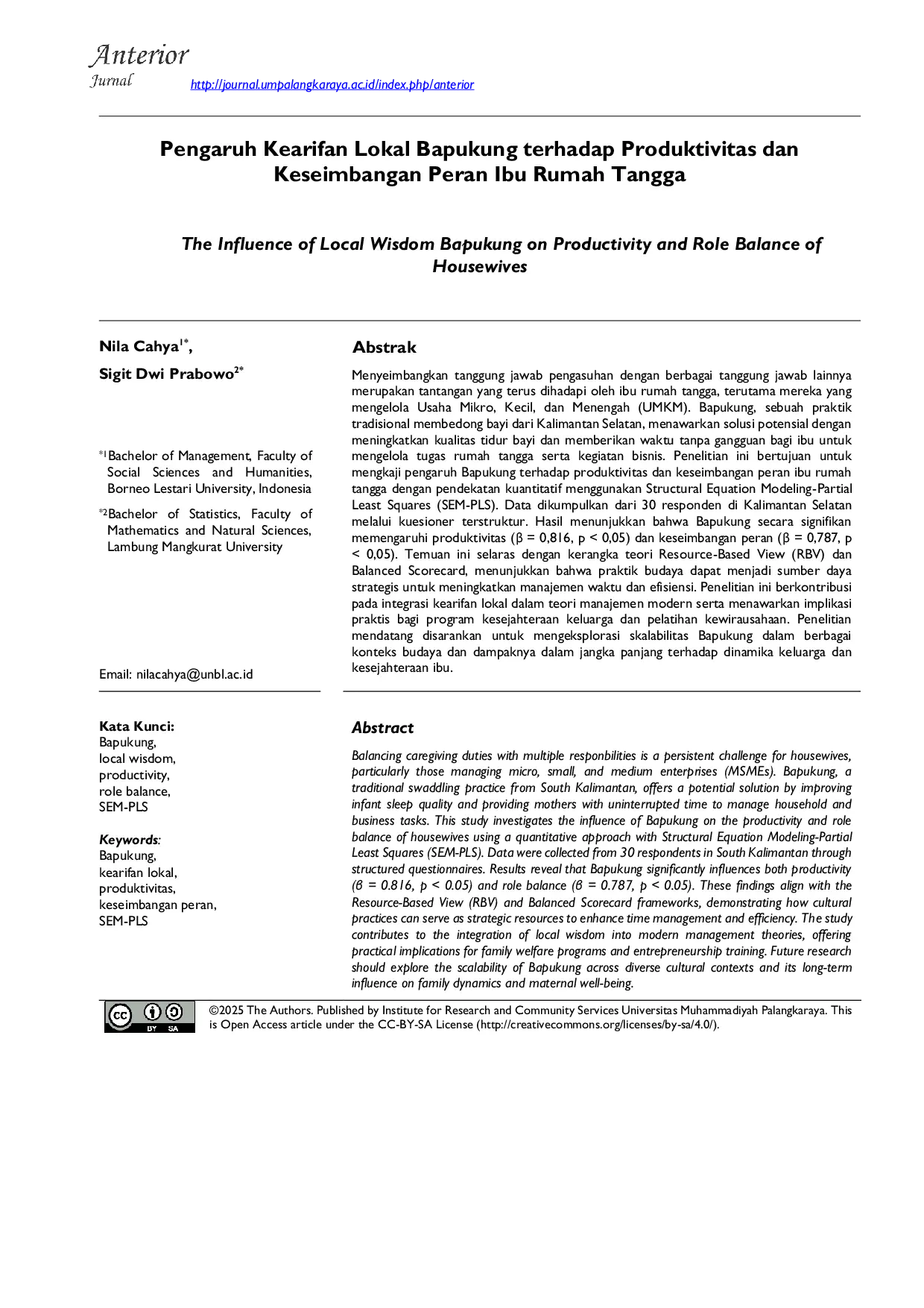 JURIS The Influence of Local Wisdom Bapukung on Productivity and Role Balance of Housewives