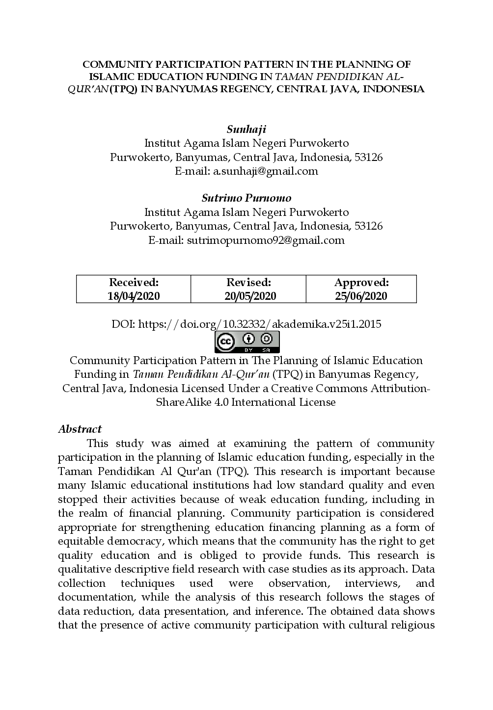 juris Community Participation Pattern in the Planning of Islamic Education Funding in Taman Pendidikan Al Qur an Tpq in Banyumas Regency Central Java Indonesia