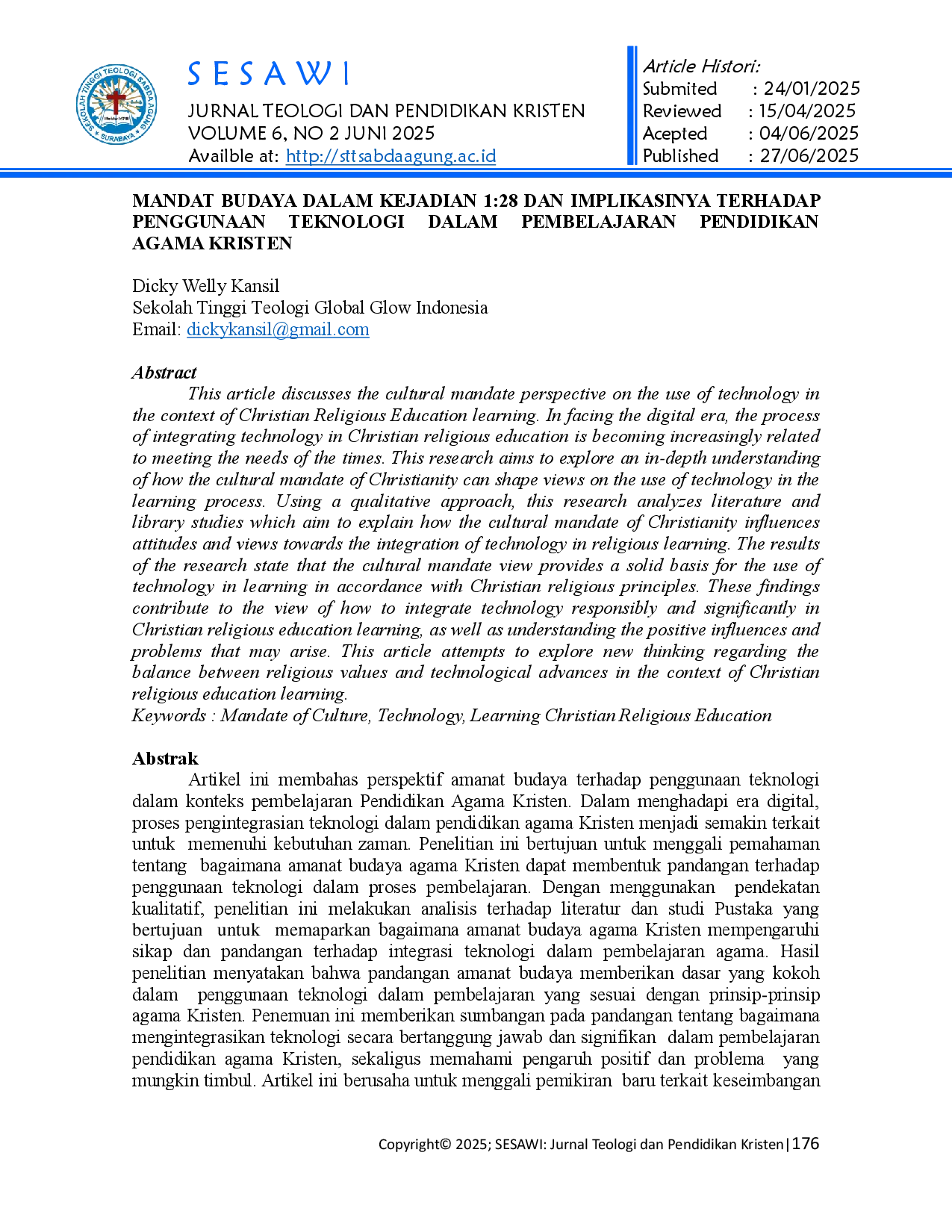 juris Mandat Budaya Dalam Kejadian 1 28 Dan Implikasinya Terhadap Penggunaan Teknologi Dalam Pembelajaran Pendidikan Agama Kristen