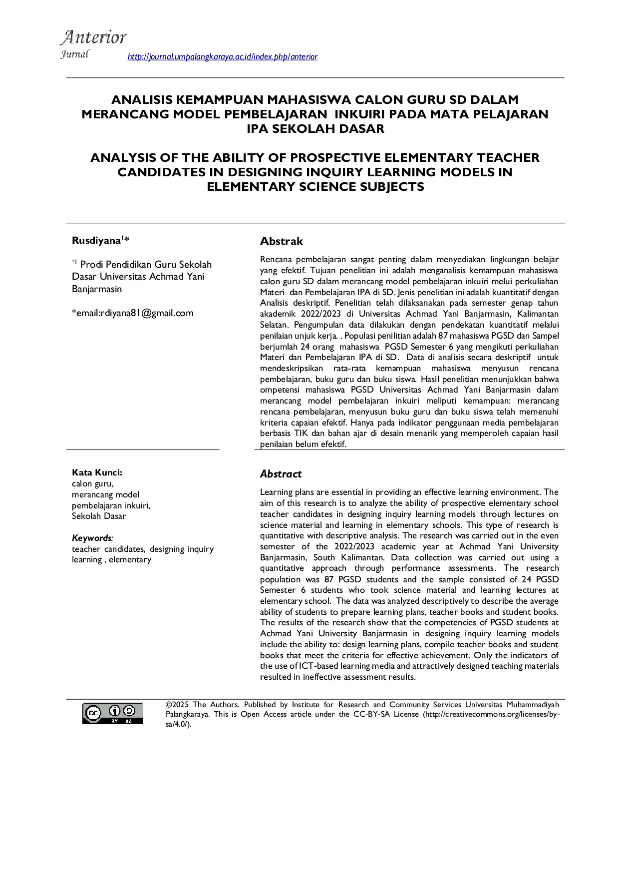 JURIS Analisis Kemampuan Mahasiswa Calon Guru SD dalam Merancang Model Pembelajaran Inkuiri pada Mata Pelajaran IPA Sekolah Dasar