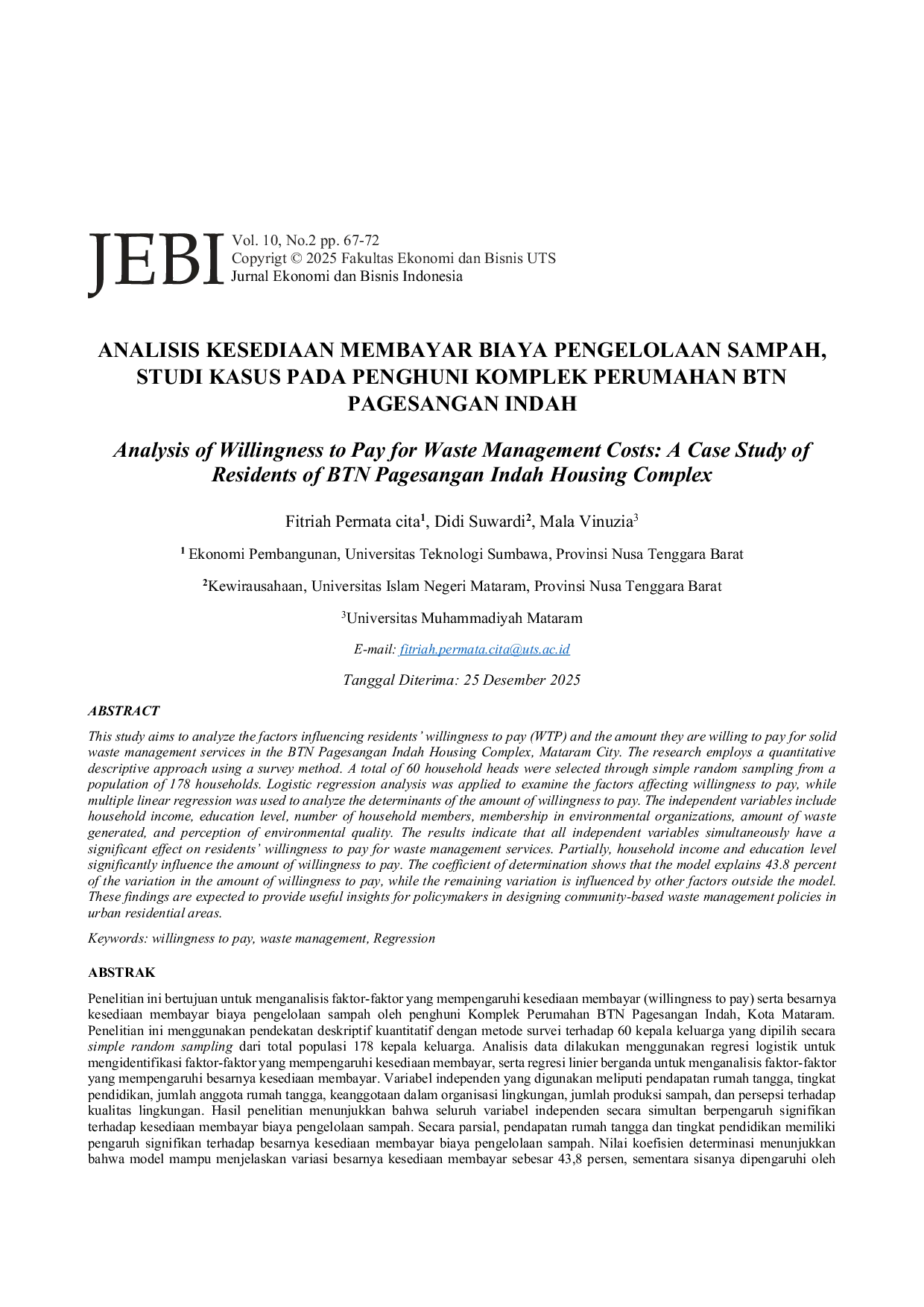 JURIS Analisis Kesiapan Membayar Biaya Pengelolaan Sampah Studi Kasus Pada Penghuni Komplek Perumahan Btn Pagesangan Indah