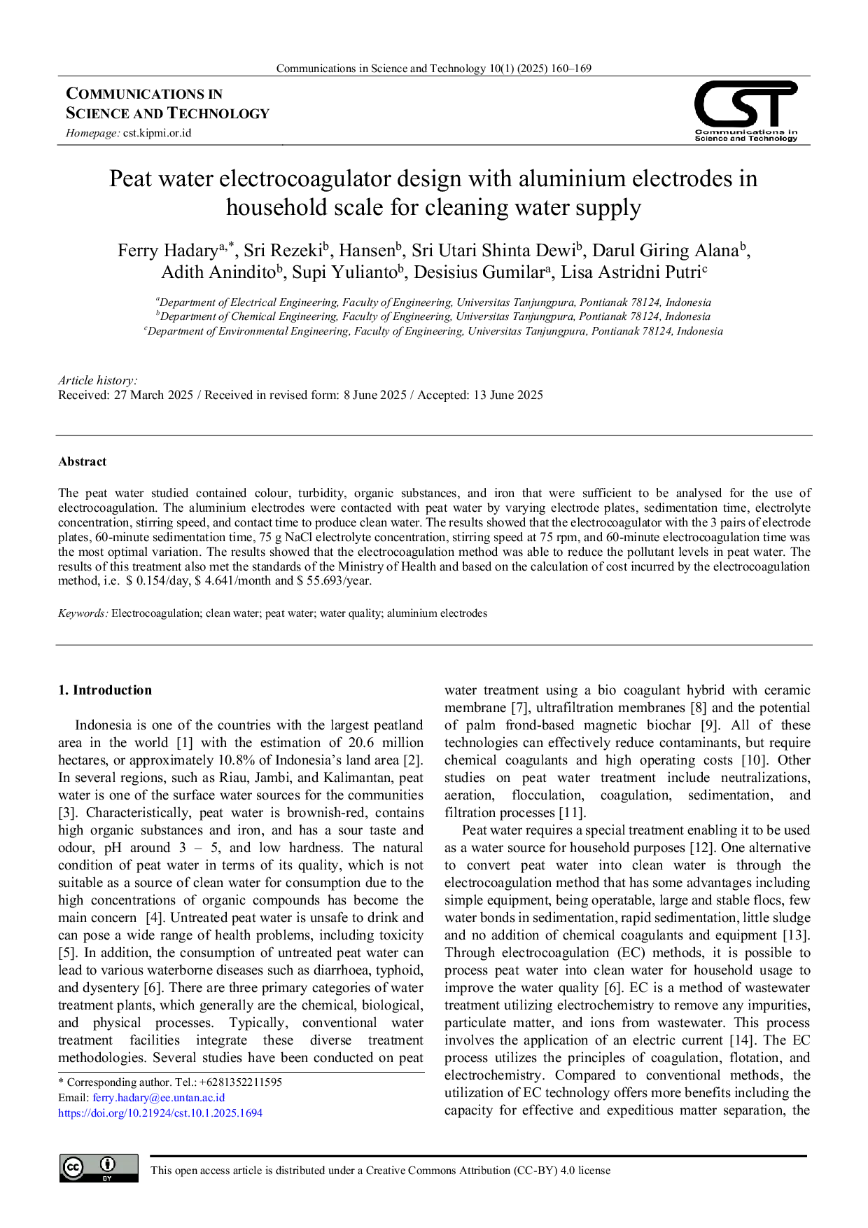 JURIS Peat water electrocoagulator design with aluminium electrodes in household scale for cleaning water supply