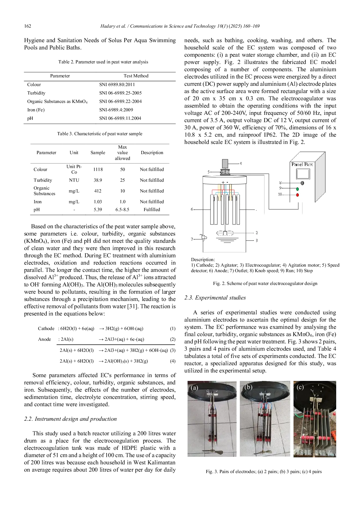 JURIS Peat water electrocoagulator design with aluminium electrodes in household scale for cleaning water supply
