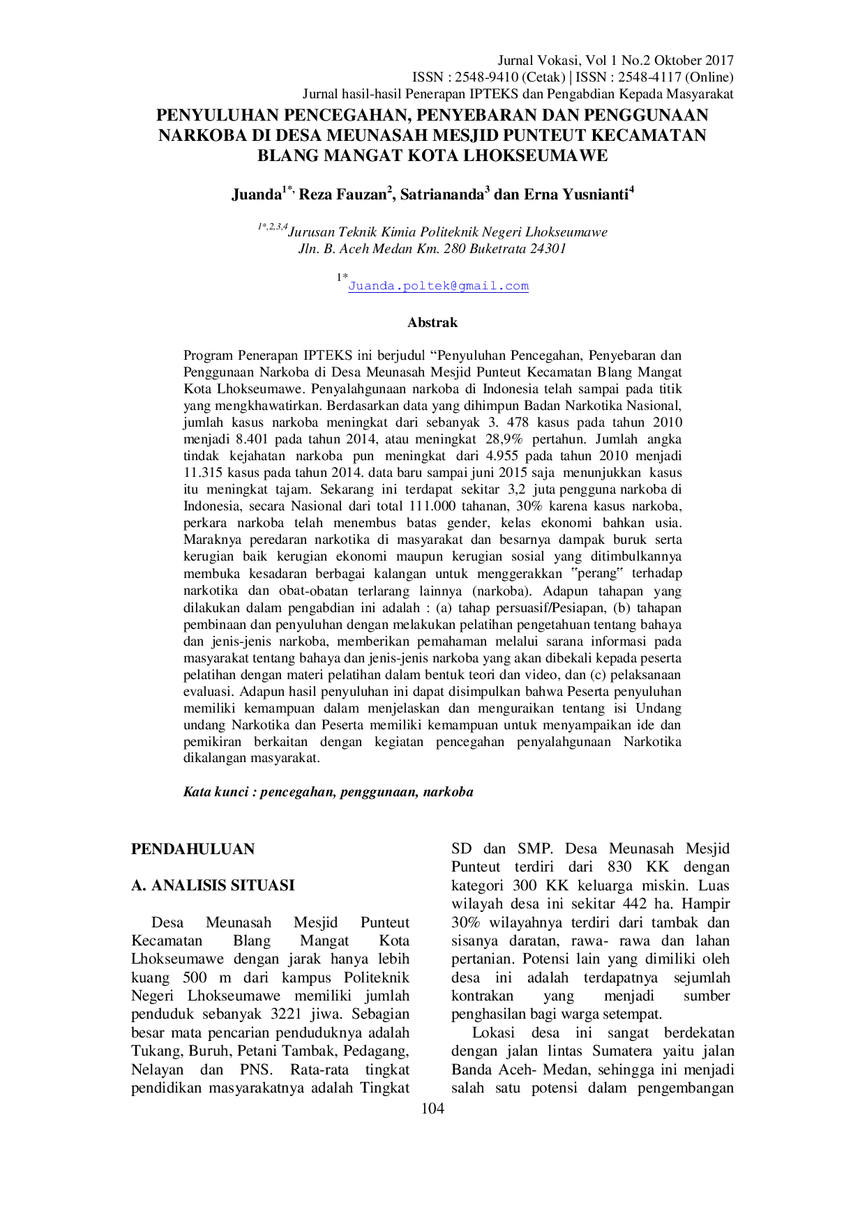 JURIS Penyuluhan Pencegahan Penyebaran dan Penggunaan Narkoba di Desa Meunasah Mesjid Punteut Kecamatan Blang Mangat Kota Lhokseumawe