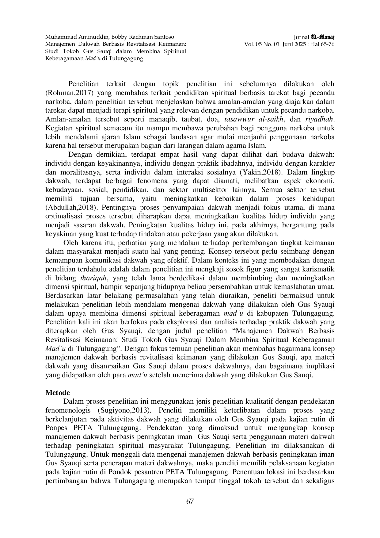 JURIS Manajemen Dakwah Berbasis Recharging Iman Studi Tokoh Gus Sauqi Dalam Membina Spiritual Keberagamaan Mad u Di Tulungagung