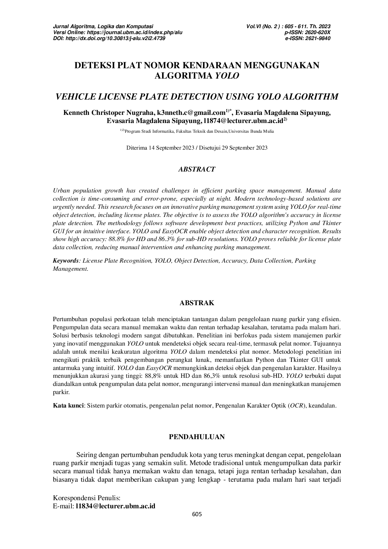 JURIS Deteksi Plat Nomor Kendaraan Menggunakan Algoritma YOLO