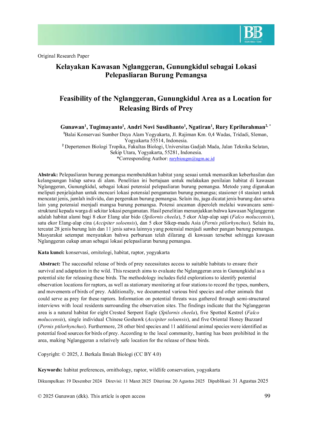 JURIS Feasibility of the Nglanggeran Area Indonesia as a Location for Releasing Birds of Prey