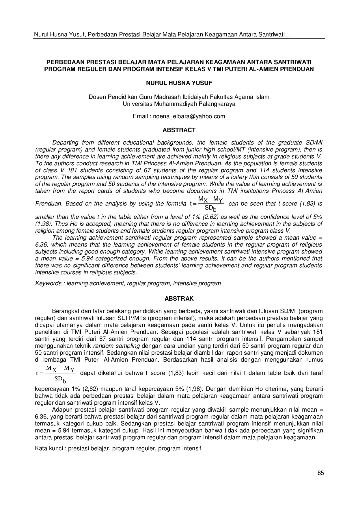 JURIS Perbedaan Prestasi Belajar Mata Pelajaran Keagamaan Antara Santriwati Program Reguler dan Program Intensif Kelas V TMI Puteri Al Amien Prenduan