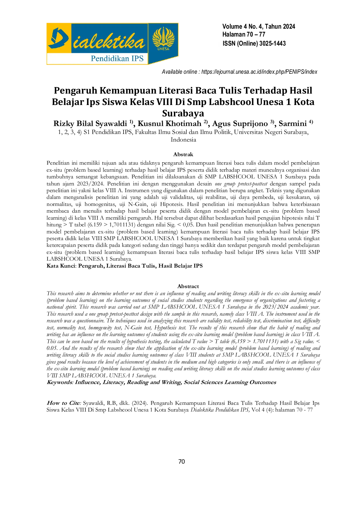 JURIS Pengaruh Kemampuan Literasi Baca Tulis Terhadap Hasil Belajar Ips Siswa Kelas VIII Di Smp Labshcool Unesa 1 Kota Surabaya
