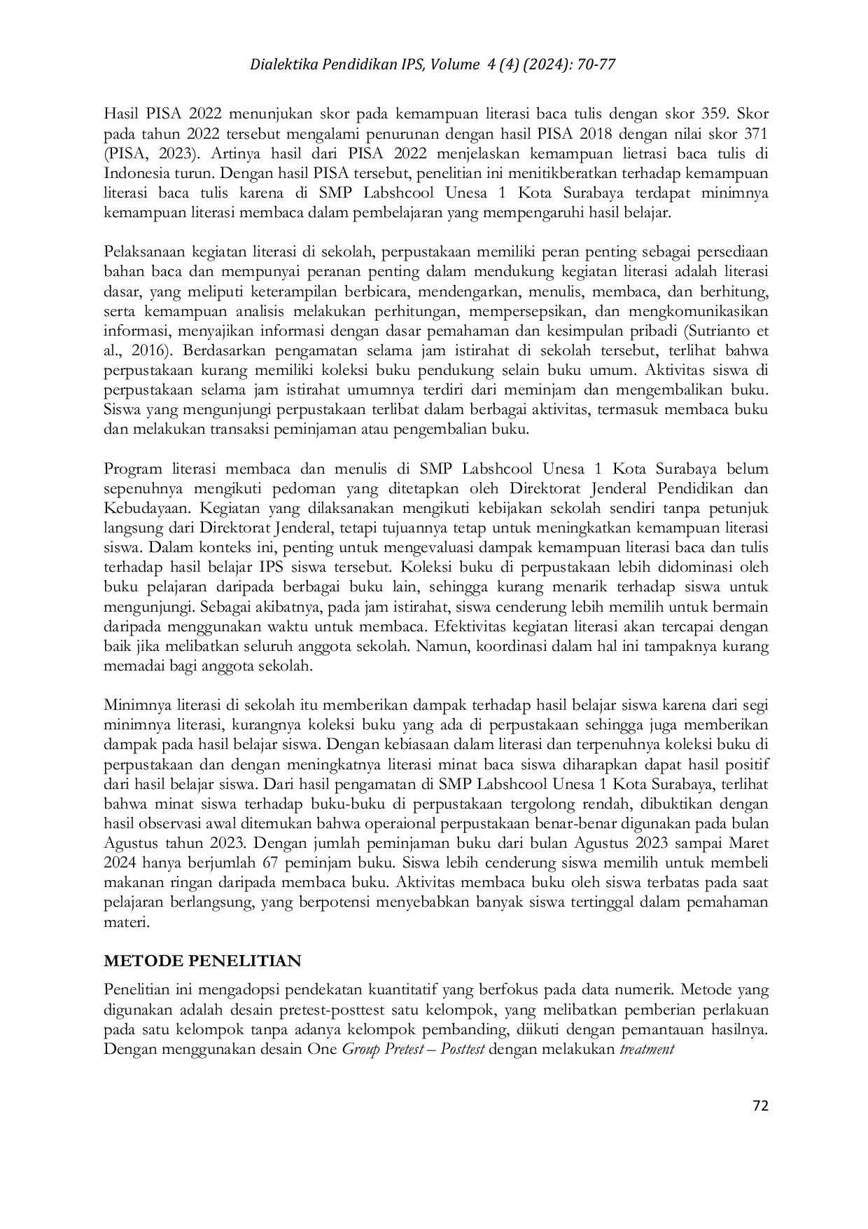 JURIS Pengaruh Kemampuan Literasi Baca Tulis Terhadap Hasil Belajar Ips Siswa Kelas VIII Di Smp Labshcool Unesa 1 Kota Surabaya