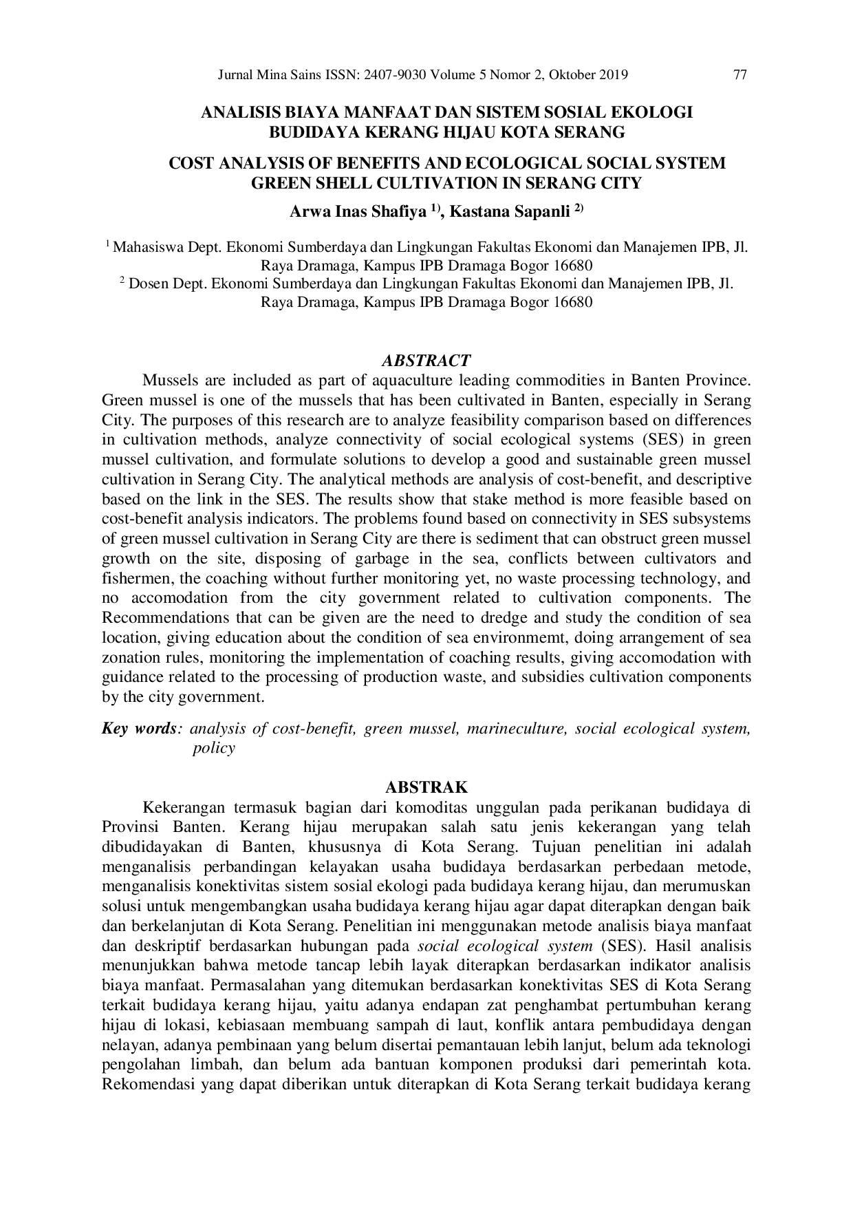 JURIS Analisis Biaya Manfaat Dan Sistem Sosial Ekologi Budidaya Kerang Hijau Kota Serang