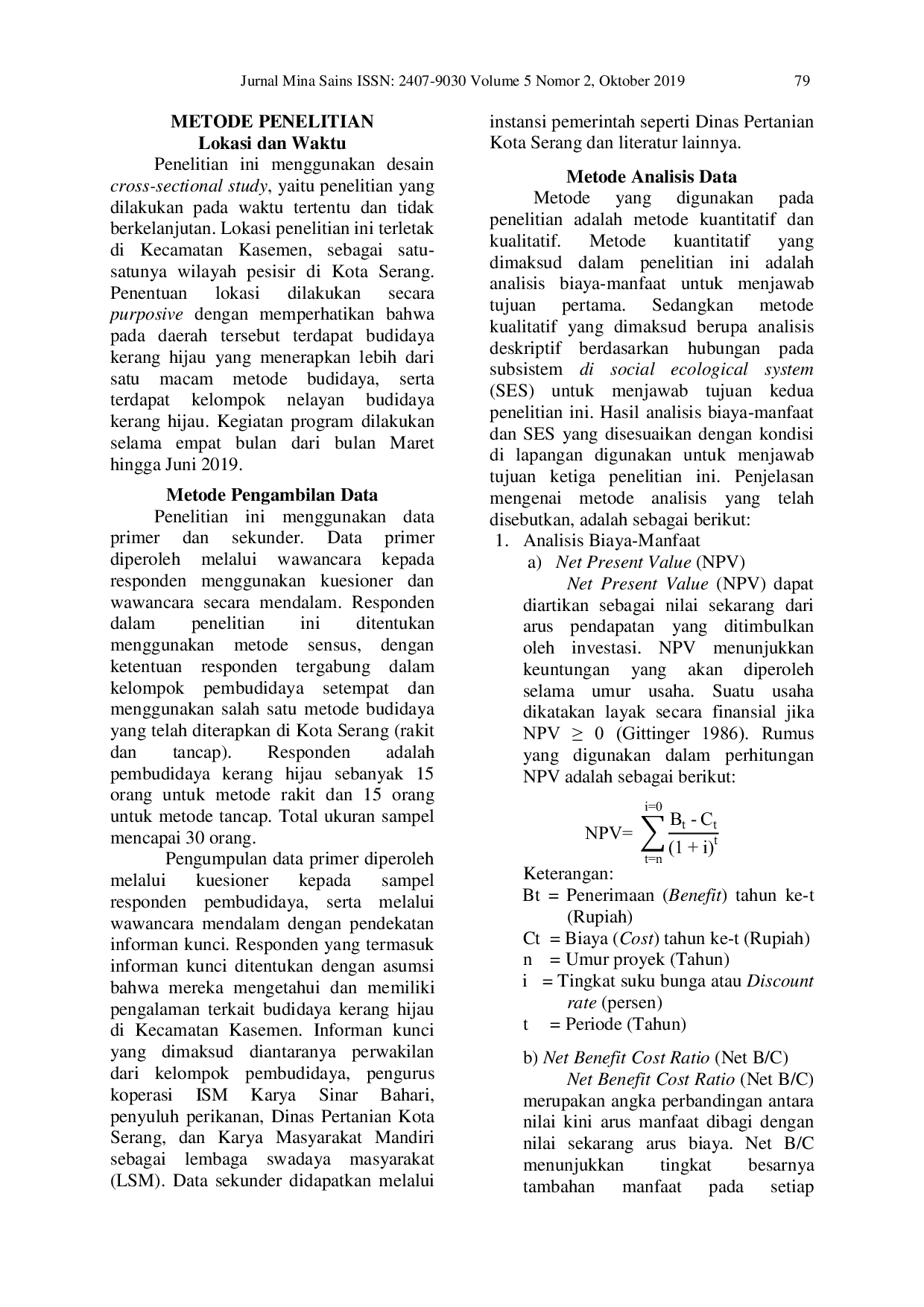 JURIS Analisis Biaya Manfaat Dan Sistem Sosial Ekologi Budidaya Kerang Hijau Kota Serang