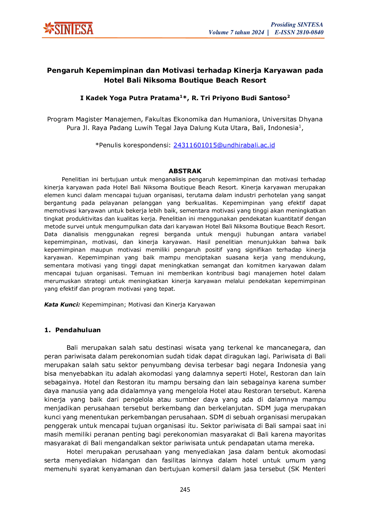 JURIS Pengaruh Kepemimpinan dan Motivasi terhadap Kinerja Karyawan pada Hotel Bali Niksoma Boutique Beach Resort