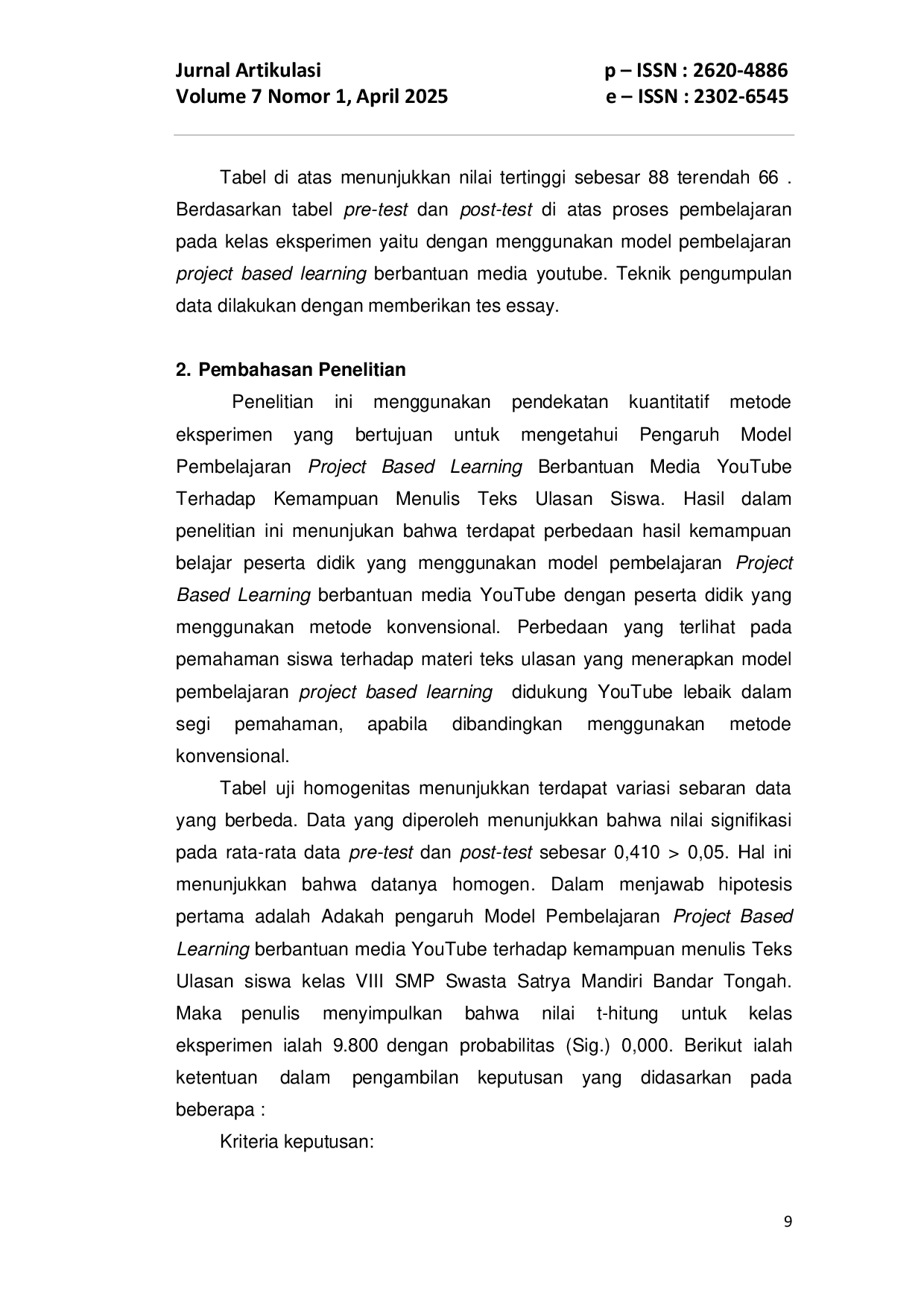 JURIS Pengaruh Model Pembelajaran Project Based Learning Berbantuan Media Youtube Terhadap Kemampuan Menulis Teks Ulasan Siswa Kelas VIII SMP Swasta Satrya Mandiri Bandar Tongah