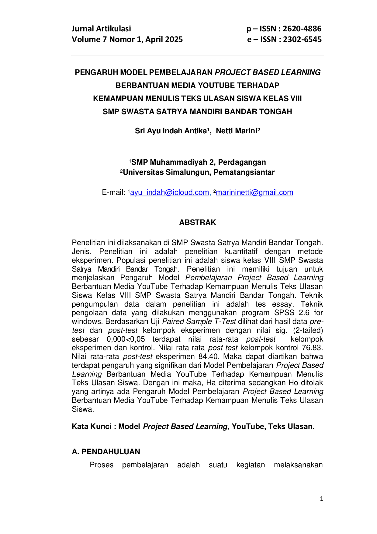 JURIS Pengaruh Model Pembelajaran Project Based Learning Berbantuan Media Youtube Terhadap Kemampuan Menulis Teks Ulasan Siswa Kelas VIII SMP Swasta Satrya Mandiri Bandar Tongah