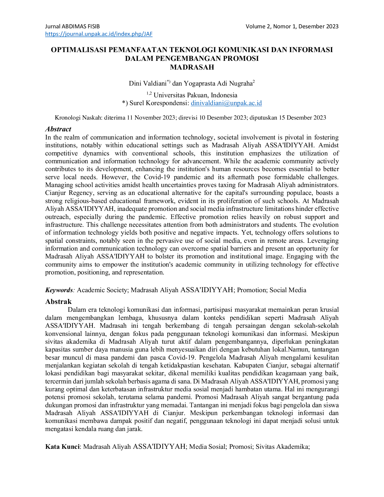 JURIS Optimalisasi Pemanfaatan Teknologi Komunikasi dan Informasi dalam Pengembangan Promosi Madrasah
