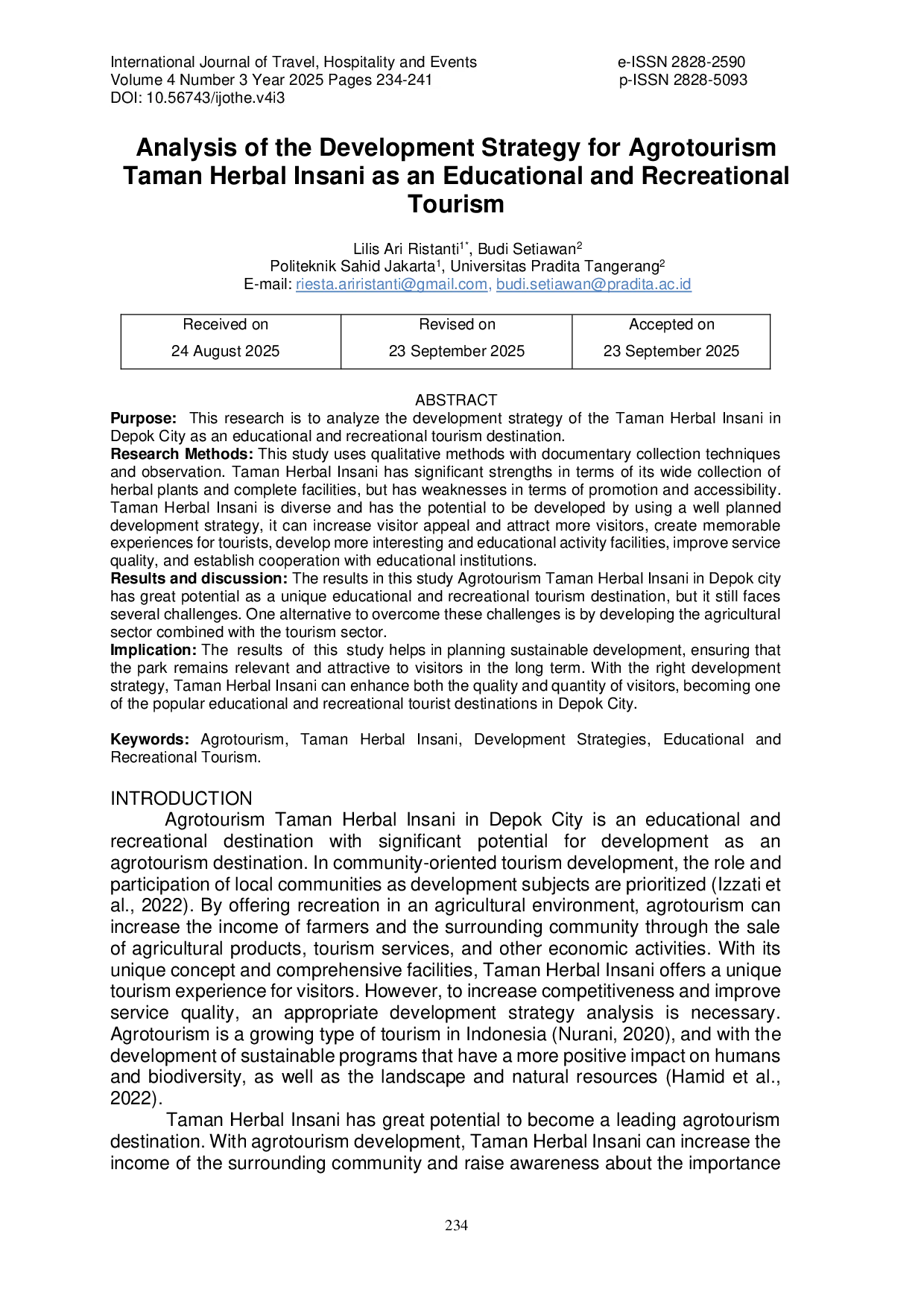 JURIS Analysis of the Development Strategy for Agrotourism Taman Herbal Insani as an Educational and Recreational Tourism