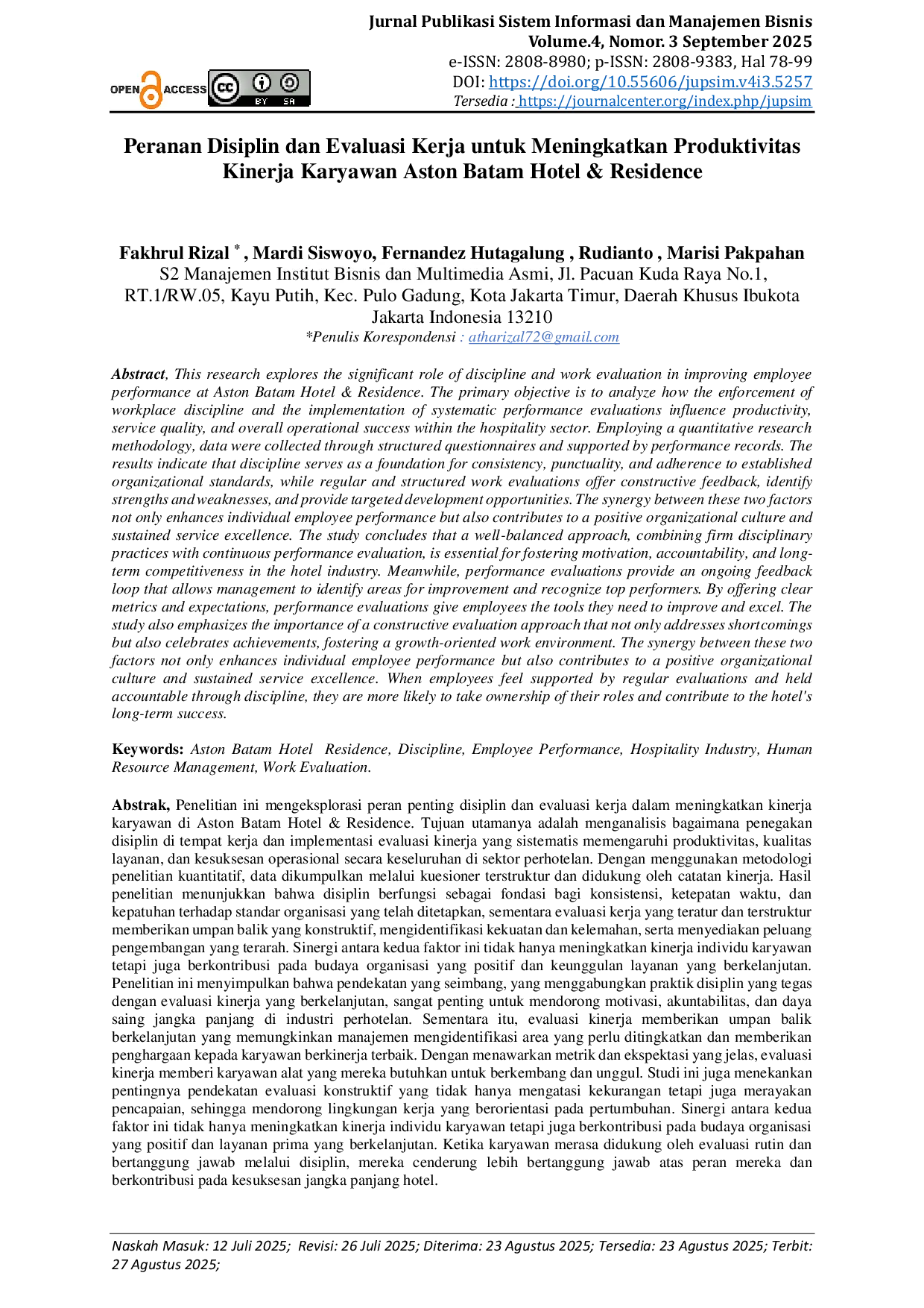 JURIS Peranan Disiplin dan Evaluasi Kerja untuk Meningkatkan Produktivitas Kinerja Karyawan Aston Batam Hotel Residence