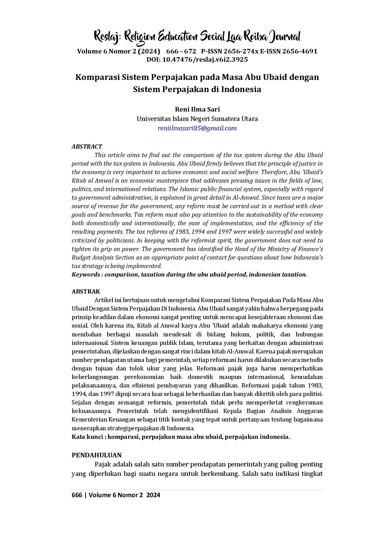 juris Komparasi Sistem Perpajakan pada Masa Abu Ubaid dengan Sistem Perpajakan di Indonesia