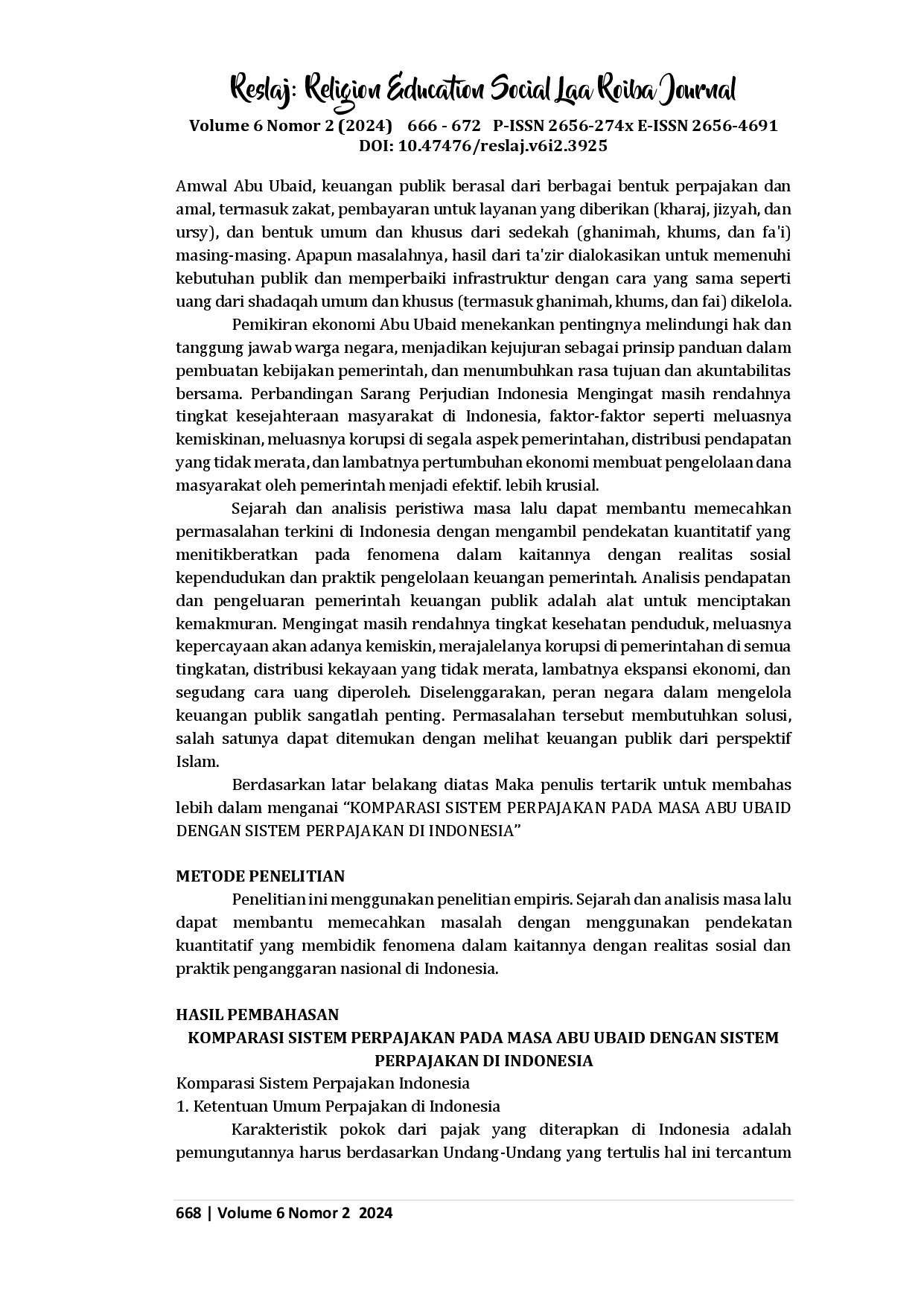 juris Komparasi Sistem Perpajakan pada Masa Abu Ubaid dengan Sistem Perpajakan di Indonesia