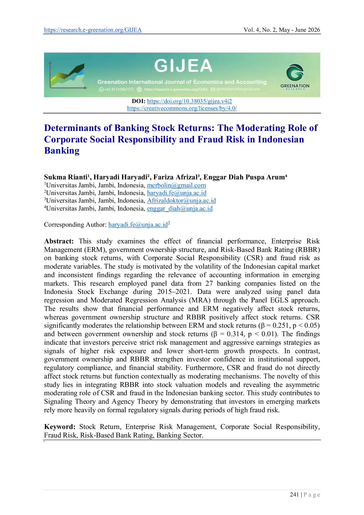 JURIS Determinants of Banking Stock Returns The Moderating Role of Corporate Social Responsibility and Fraud Risk in Indonesian Banking