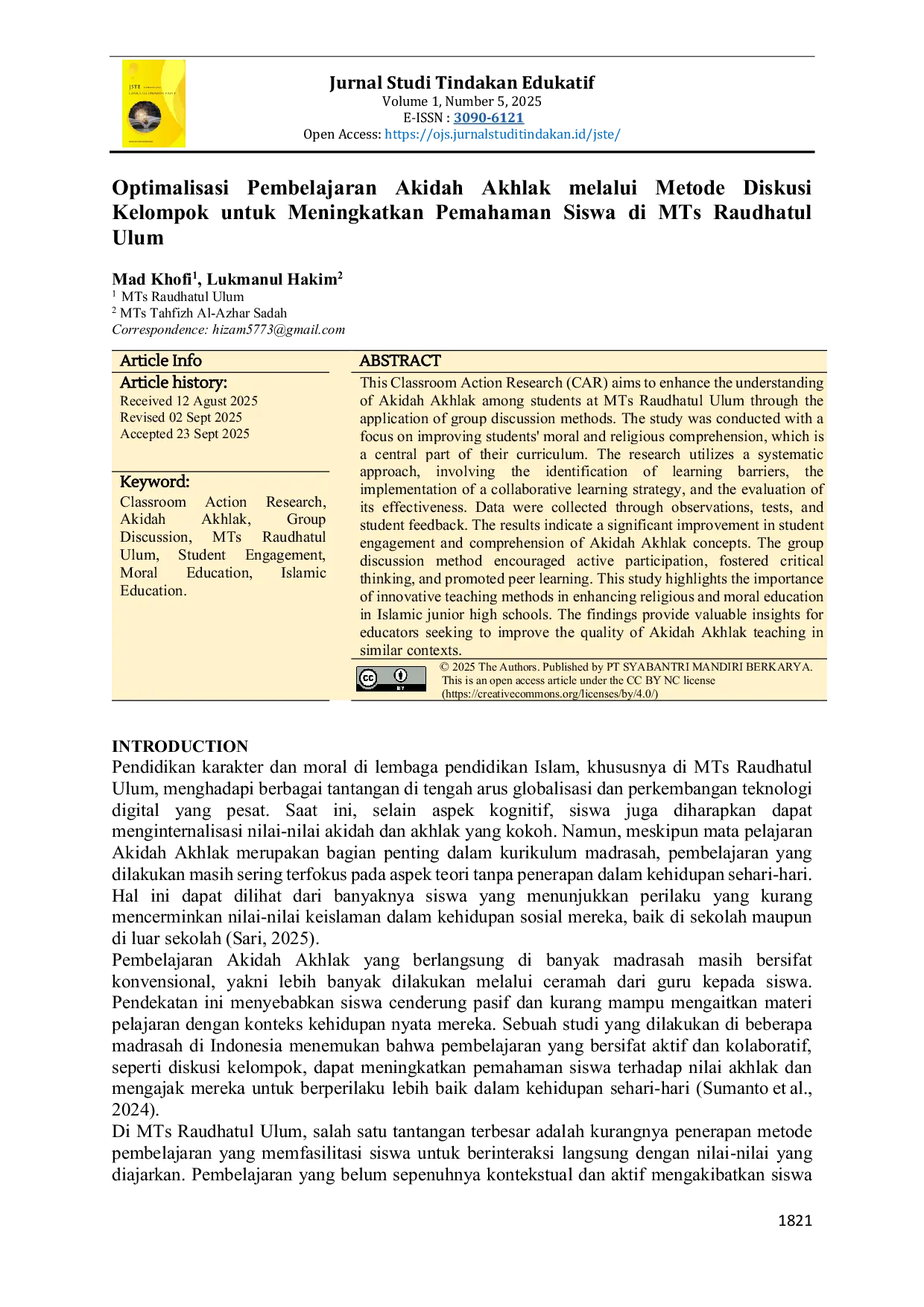 JURIS Optimalisasi Pembelajaran Akidah Akhlak melalui Metode Diskusi Kelompok untuk Meningkatkan Pemahaman Siswa di MTs Raudhatul Ulum