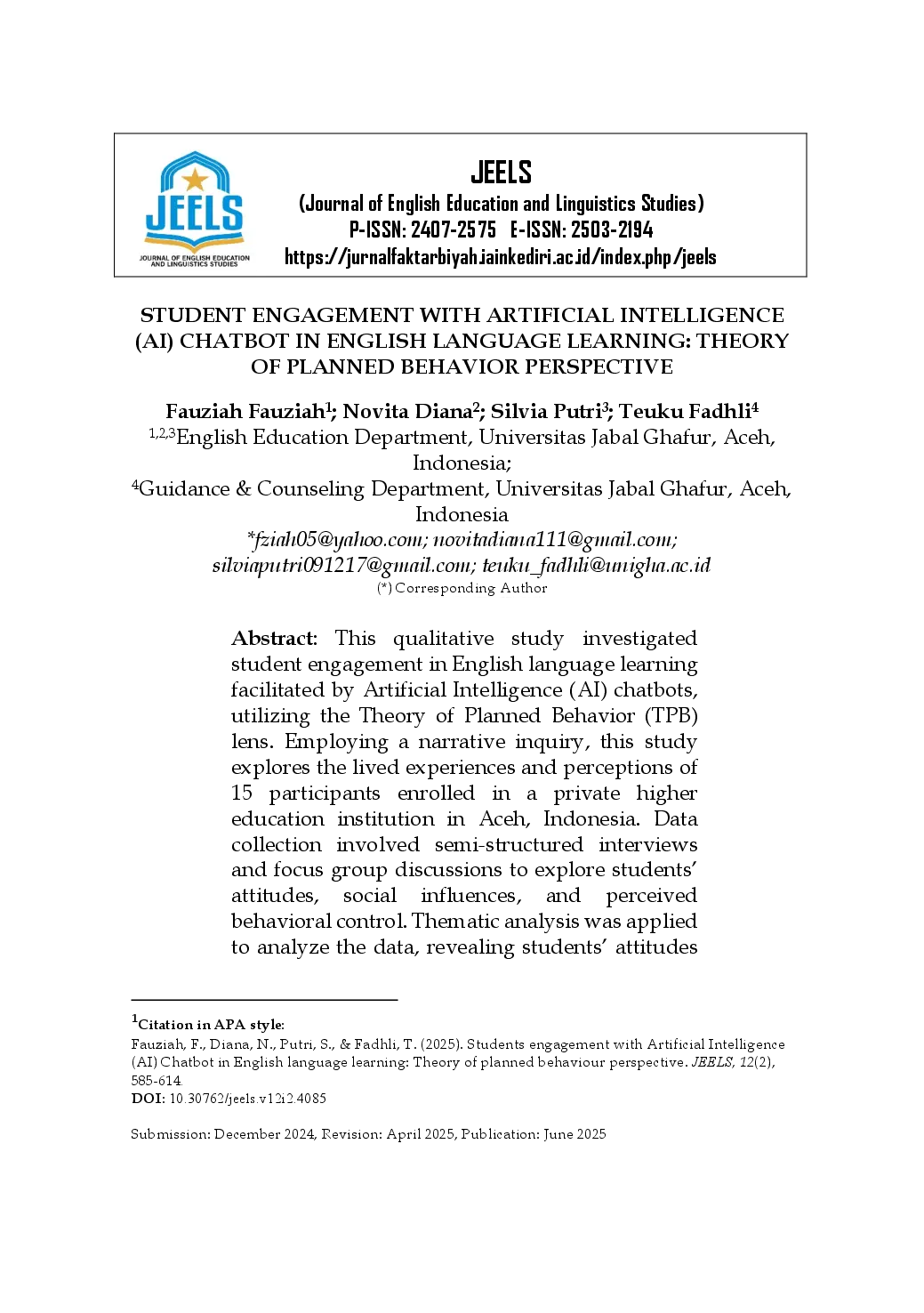 juris Student Engagement in English Language Learning with Artificial Intelligence AI Chatbot from Theory of Planned Behavior Perspective