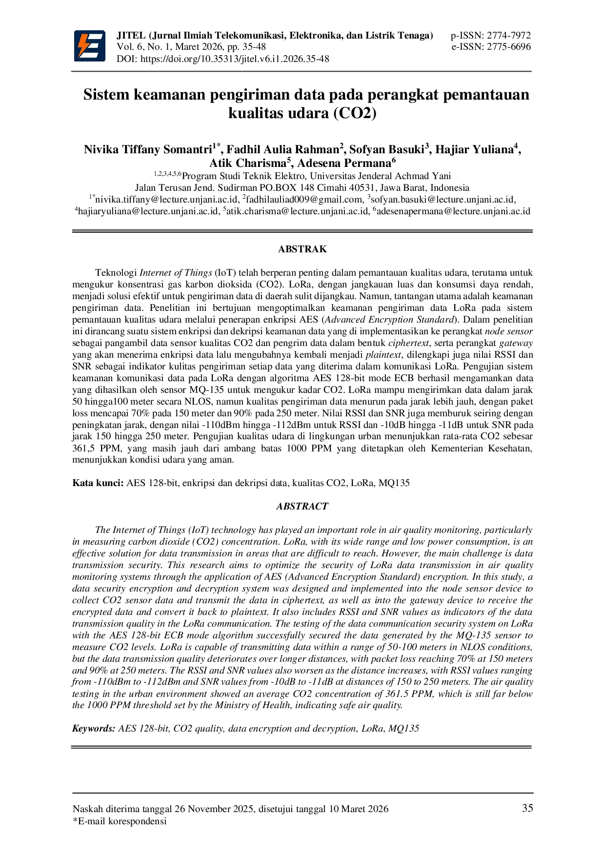 JURIS Sistem keamanan pengiriman data pada perangkat pemantauan kualitas udara CO2