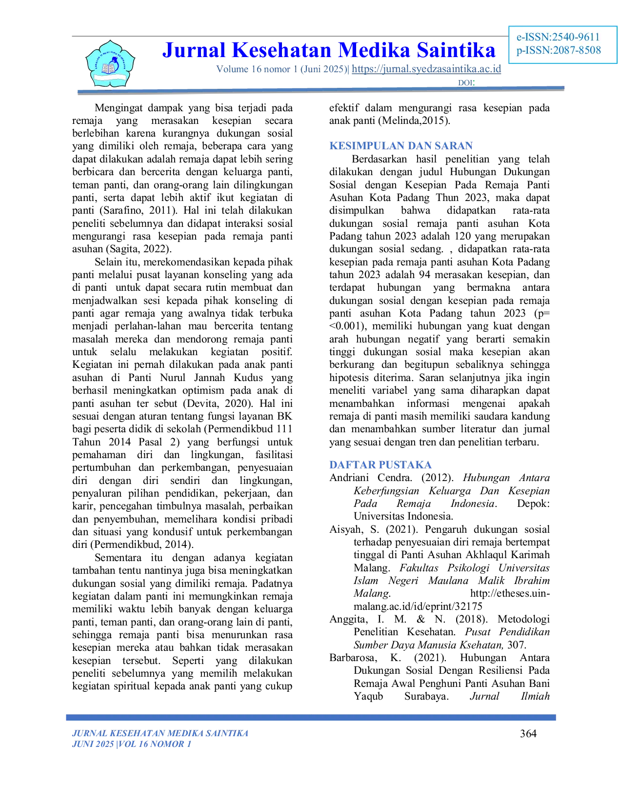 JURIS Hubungan dukungan sosial terhadap kejadian kesepian pada remaja di panti asuhan kota padang
