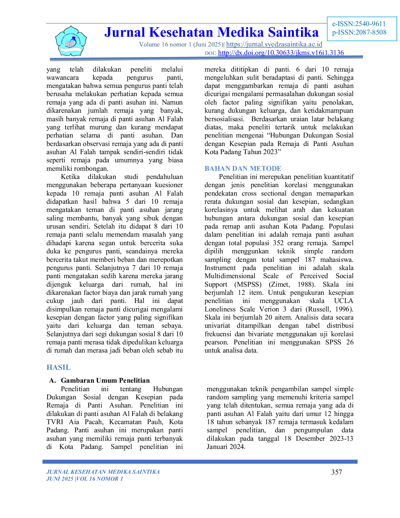 JURIS Hubungan dukungan sosial terhadap kejadian kesepian pada remaja di panti asuhan kota padang