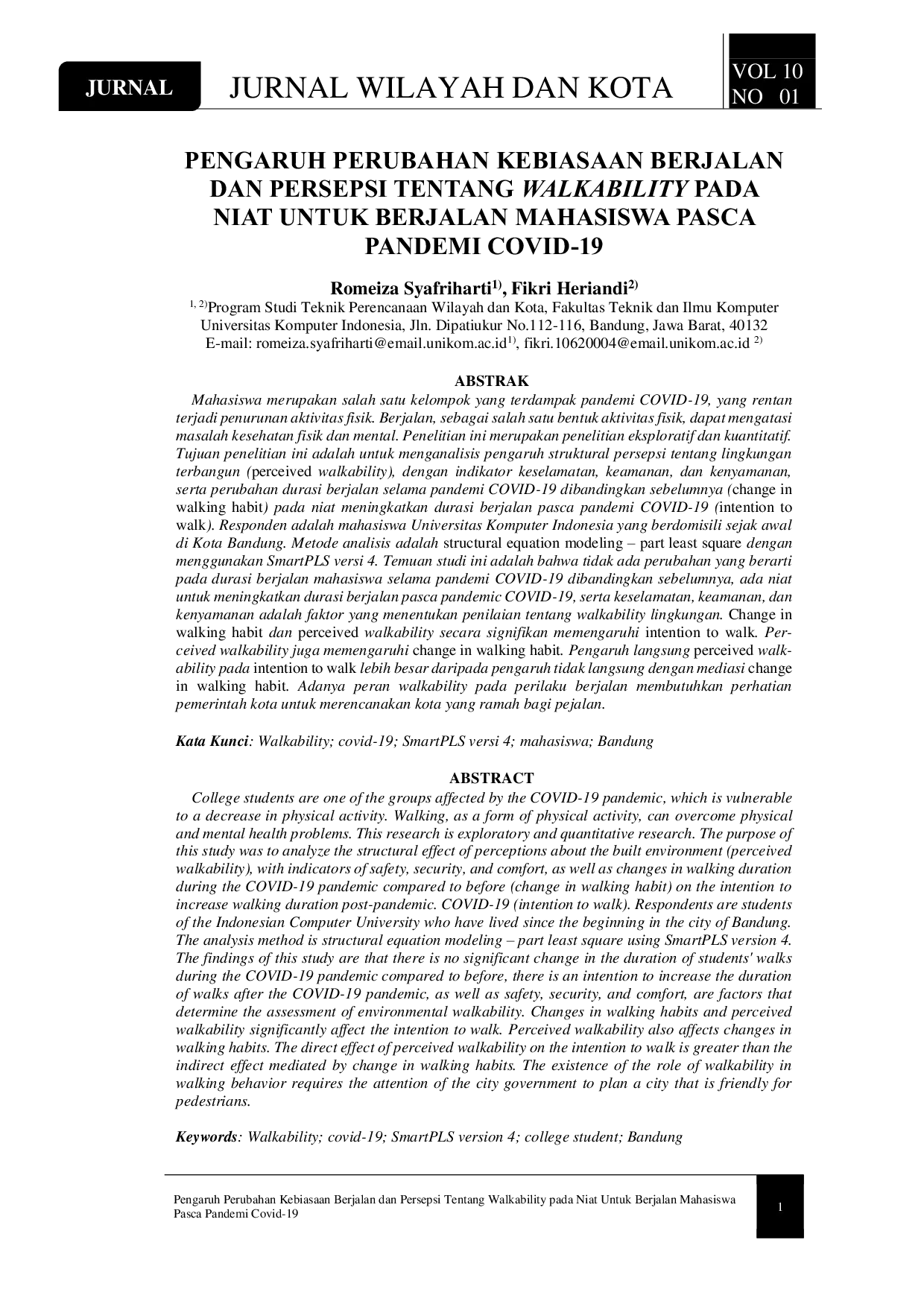 JURIS Pengaruh Perubahan Kebiasaan Berjalan dan Persepsi Tentang Walkability pada Niat untuk Berjalan Mahasiswa Pasca Pandemi COVID 19